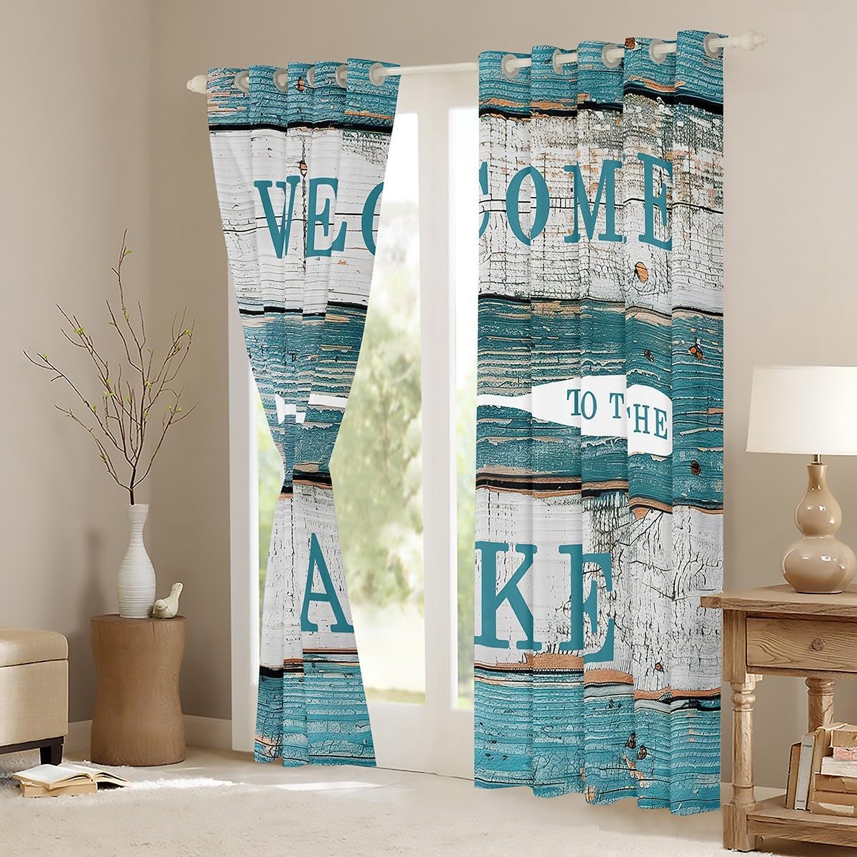 Manfei Kids Rustic Camping Window Curtains Lake Theme Window Treatments, Rustic Farmhouse Style Window Drapes for Boys Teens Room Decor Grommet Top 2 Panel Set Bedroom Curtains, 38Wx45L inch