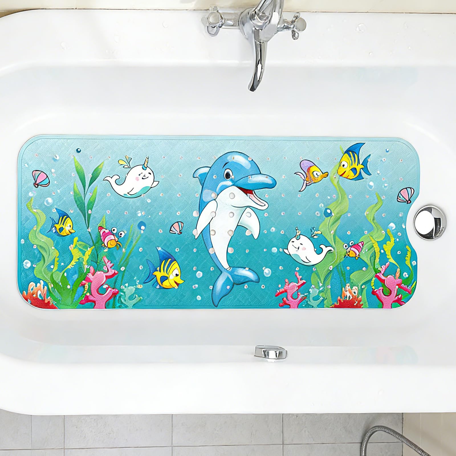 Antypoślizgowa mata prysznicowa, 40 x 100 cm, mata prysznicowa z otworami odpływowymi i przyssawkami, mata prysznicowa z nadrukiem, nadaje się do prania w pralce, do prysznica lub wanny (motyw delfina