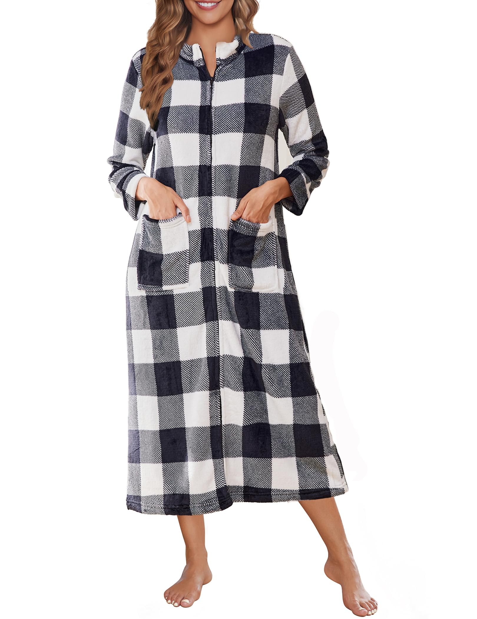 Ekouaer Women Zipper Robe Fleece Long Sleeves Bathrobe Sleepwear Warm Soft Housecoat with Pockets Zip Up House Dresses