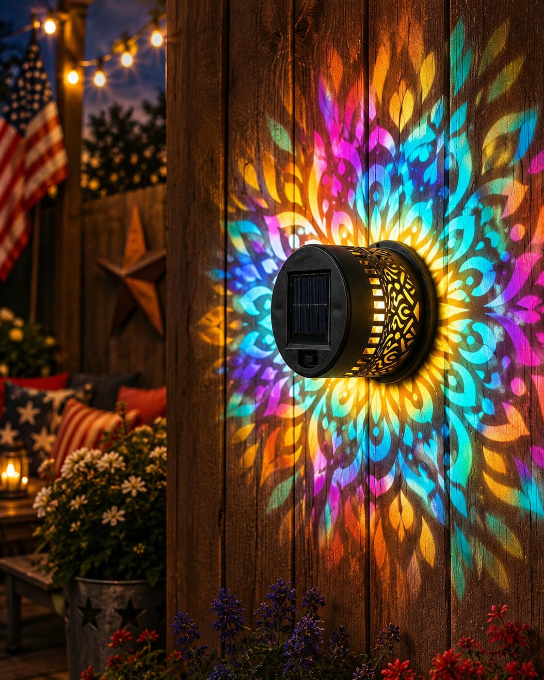 Explcior Solar Mandala Wall Light Outdoor Garden Fence Projector Lamp Patio Ambient Decor Waterproof LED Mandala Projection Light Decorative for Garden Post Patio Backyard Yard 7 Colour Changing(1pc)