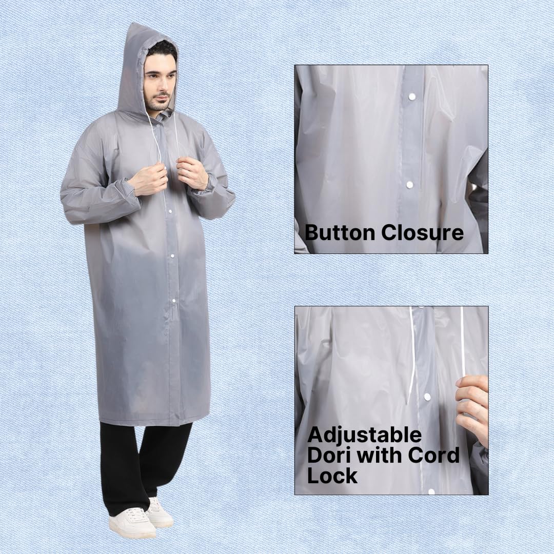 Citizen Eco-Friendly EVA Poncho Raincoat for Men & Women, Lightweight Waterproof Coat with Hood, Adjustable Drawstring, Button Closure & Easy Carry Pouch, Reusable & Durable Outdoor Rainwear-Grey - Image 3 thumbnail