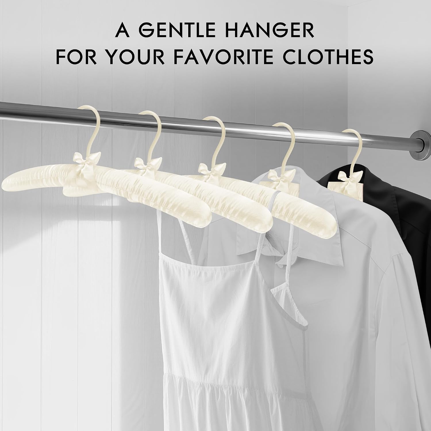 Women's Satin Padded Hangers - 15" Foam-Filled Wooden Clothes Hangers with No Shoulder Bumps, Bow Accent, for Sweaters, Blouses, Dresses - 5 Pack (Cream-Colored)