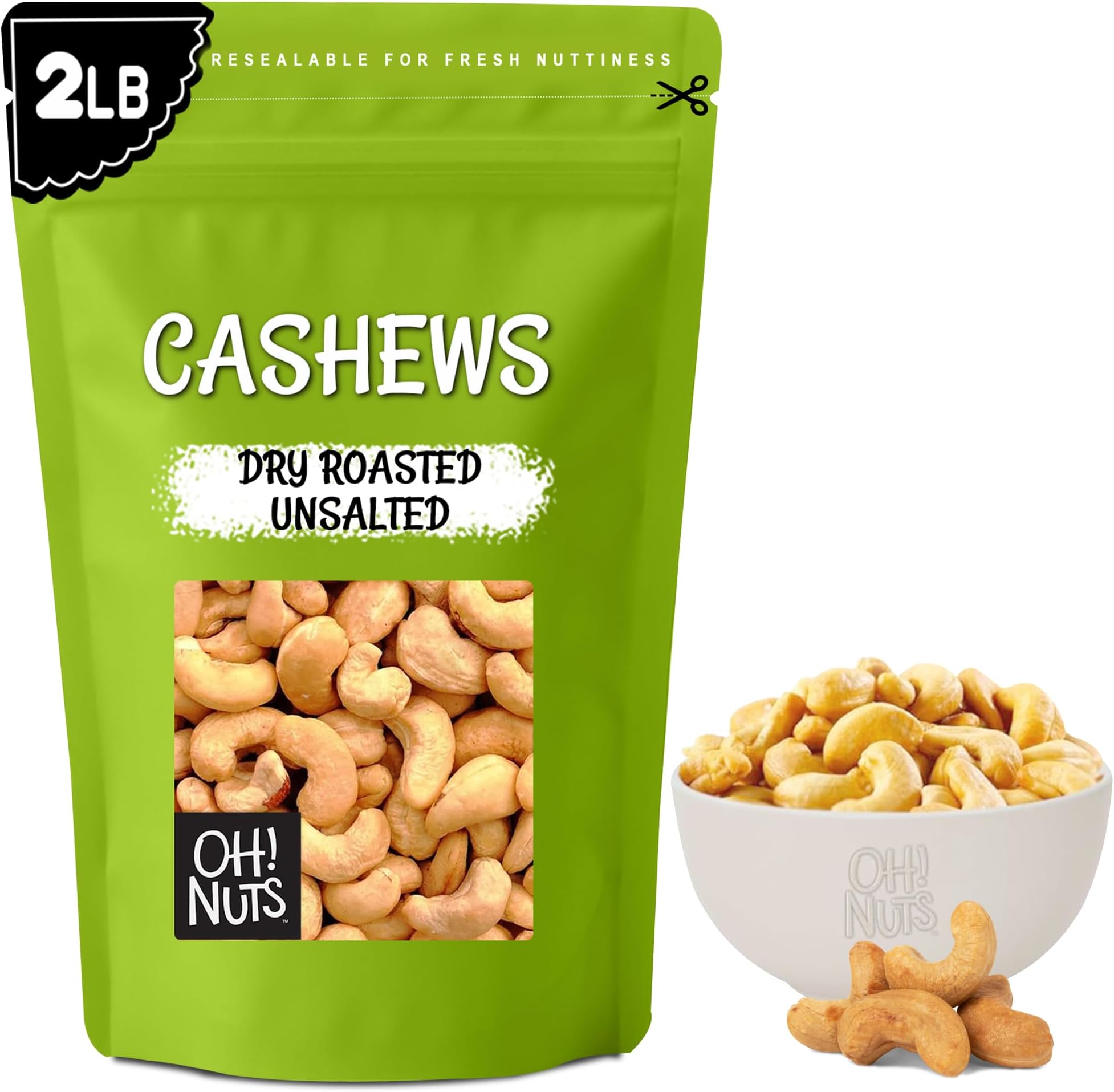 Oh! Nuts Cashews Roasted Unsalted - 2 lb - Dry Roasted Unsalted Cashews - Packed in New York Zip-Seal Bag for Exceptional Freshness