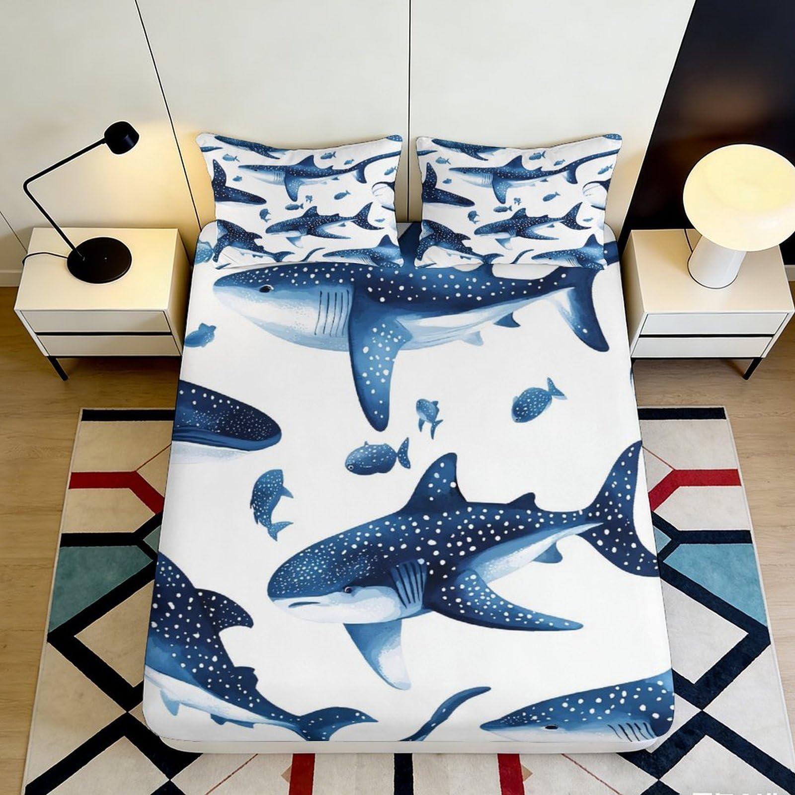 3D Printed Whale Shark Pattern Fitted Sheet Microfiber Soft Breathable Ocean Life Bed Cover for Bedroom Dormitory Guest Room Mattress Protection Decor 120x200x25cm