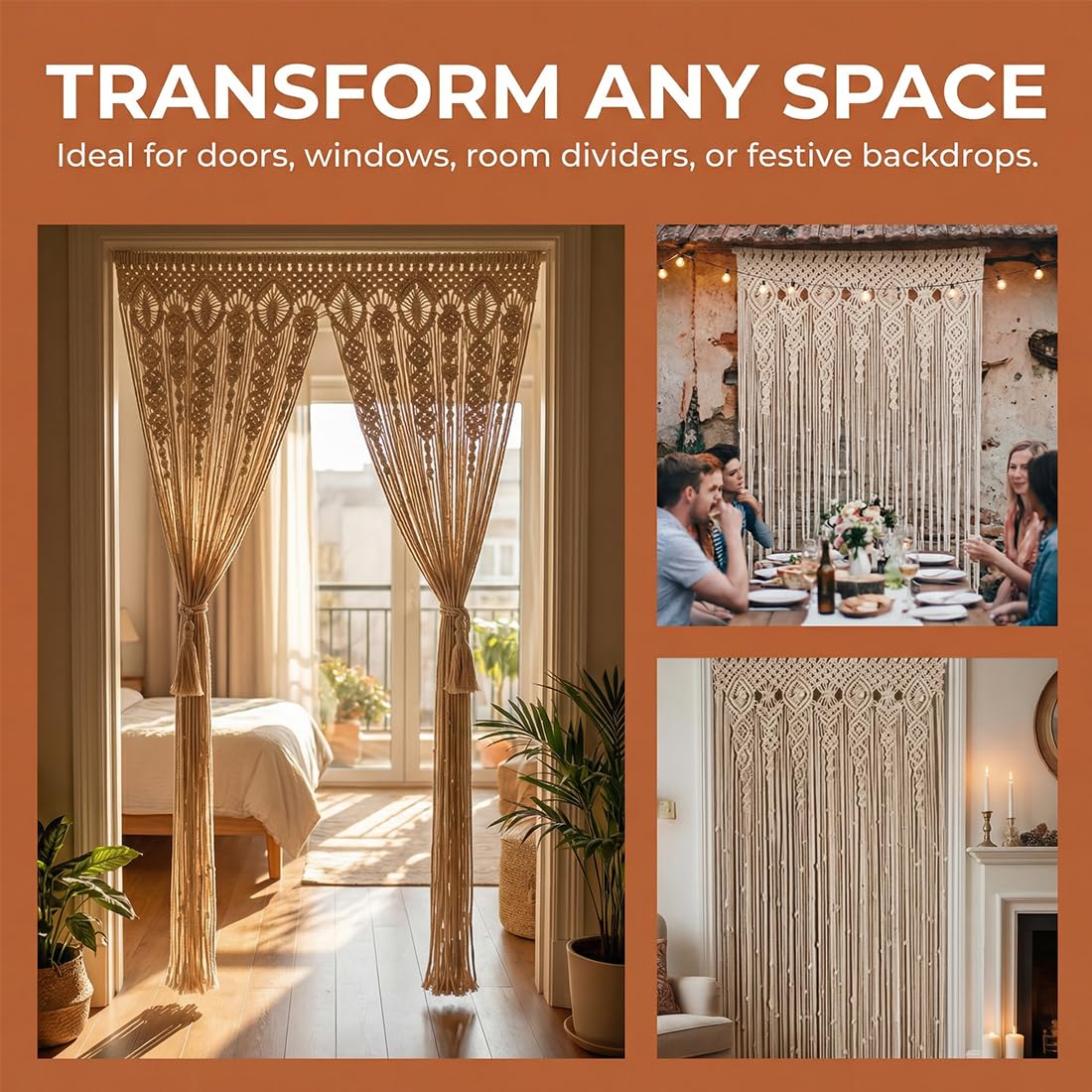 Arazzo da parete in macramè, stile bohémien, tessuto a mano, in macramè, decorazione da parete per divisori, tende per finestre, matrimoni, decorazioni da parete per la casa, beige (35 x 70 cm)