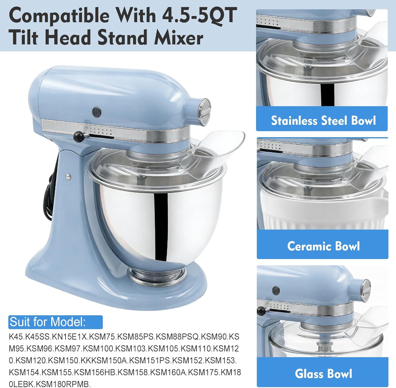 Pouring Shield and Mixer Bowl Cover (for Stainless Steel Bowl ONLY) Compatible with Kitchenaid 4.5-5 Quart Tilt Head Stand Mixer Accessories and Attachments, Splatter Guard for Mixer