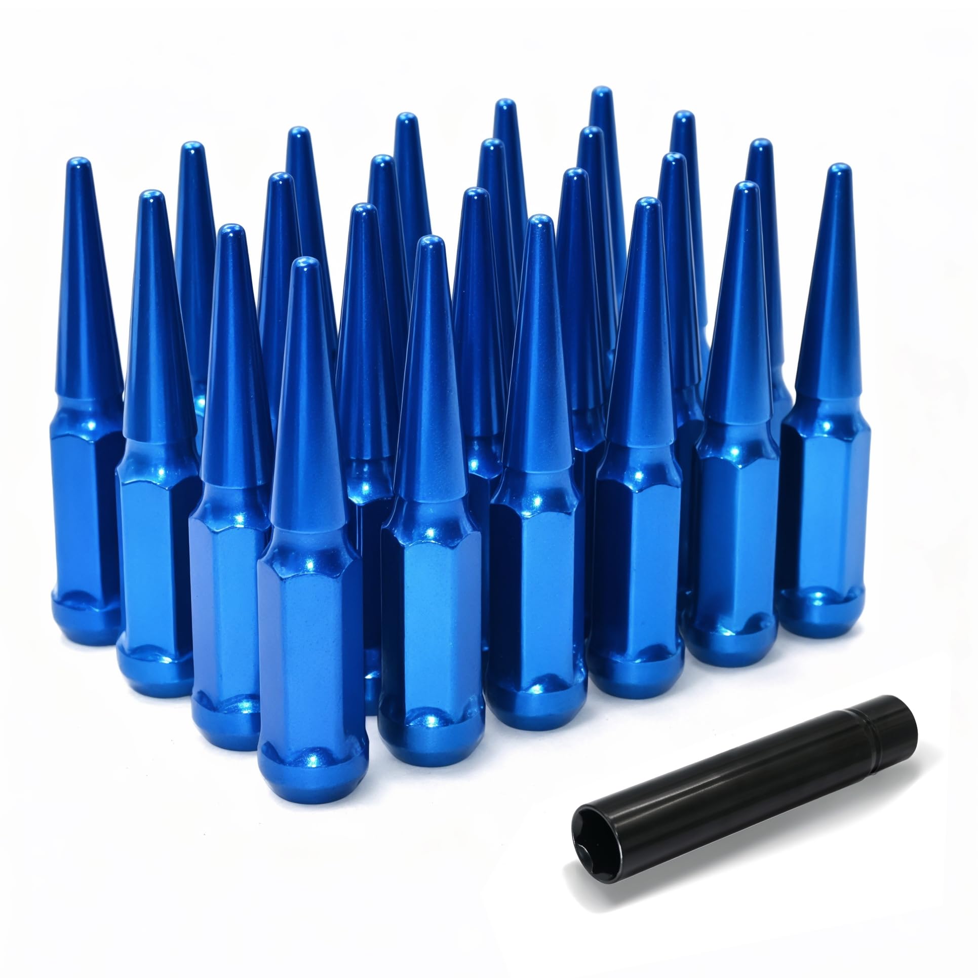 LUJIANI M14X2.0 Blue Wheel Spike Lug Nuts, 24 PCS Lug Nut Accessories with 1 Socket Key, Thread Spiked 4.4" Long Closed End Nuts Compatible with 2004-
