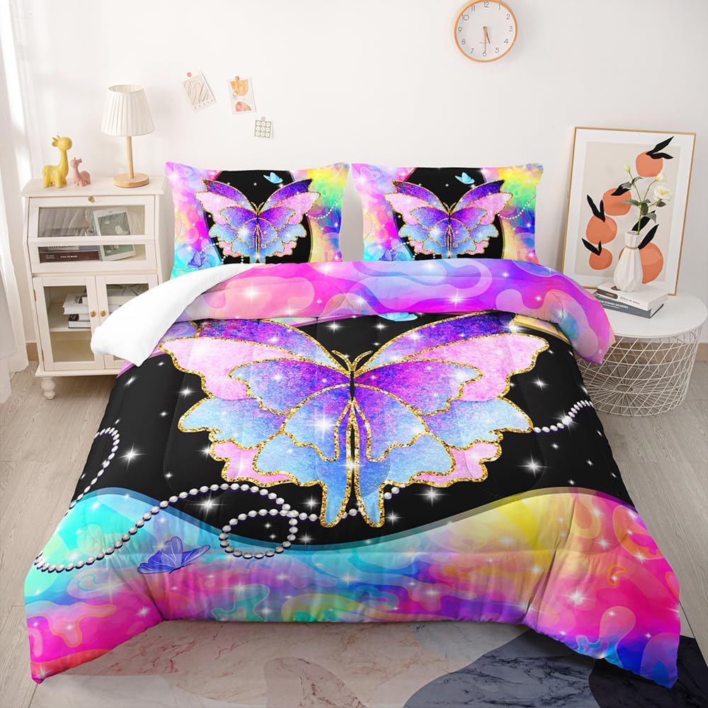 CHONLuo Pink Purple Butterfly Comforter Set Queen Size Tie