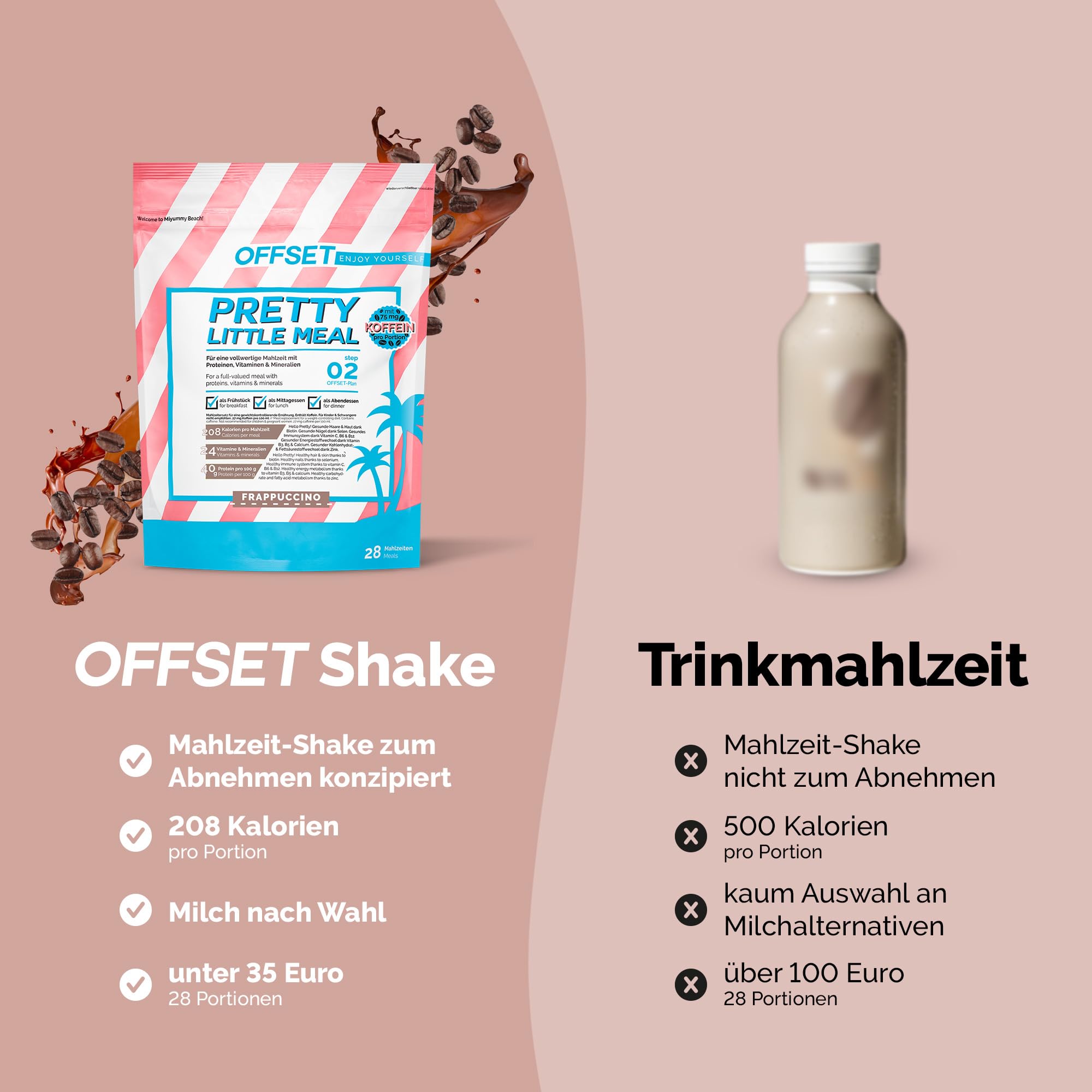 OFFSET Nutrition Abnehm Shake Frappuccino [nur 208 KCAL pro Shake] - 28 Portionen | Mahlzeitersatz | Diät Shake mit 24 Vitaminen & Mineralien | Glutenfreie Trinkmahlzeit