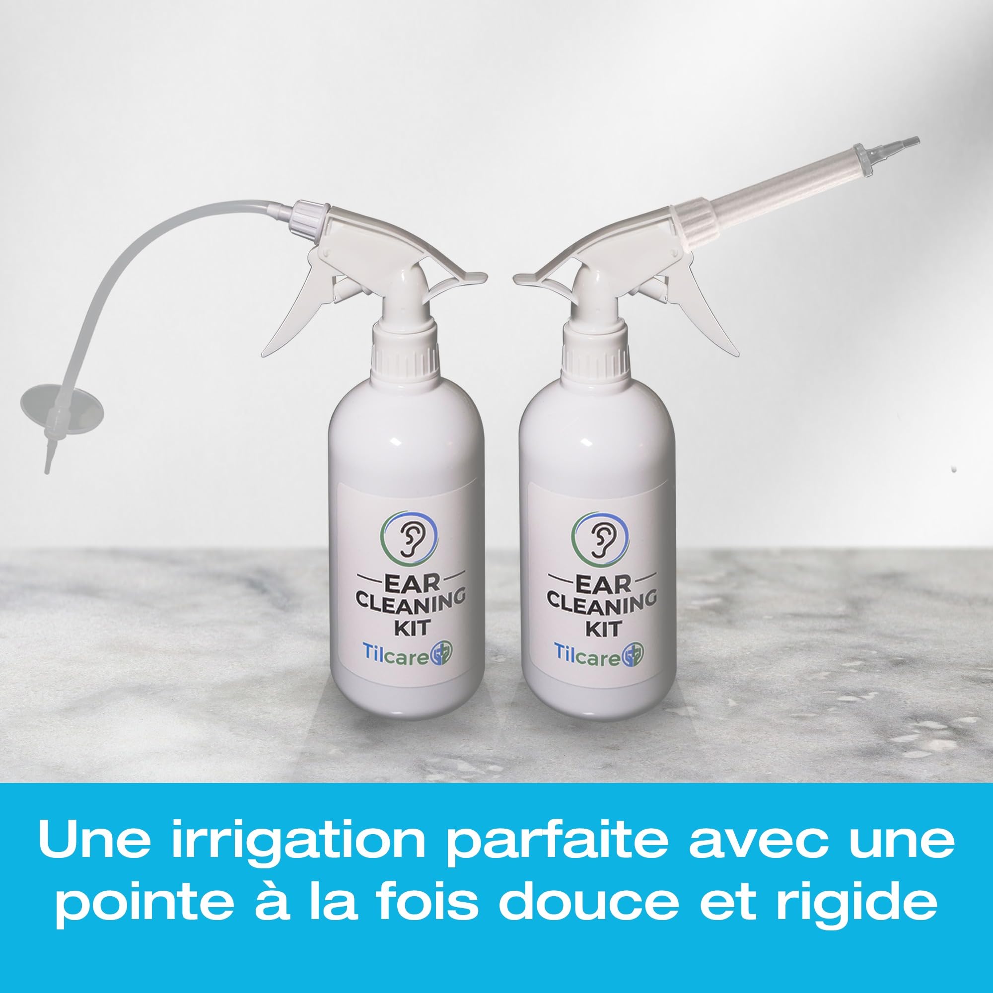 Outil nettoyant d’oreille de Tilcare - Système de rinçage d'irrigation auriculaire pour adultes - Comprend cuvette, seringue à ampoule, trousse de curette, serviette et 30 embouts jetables