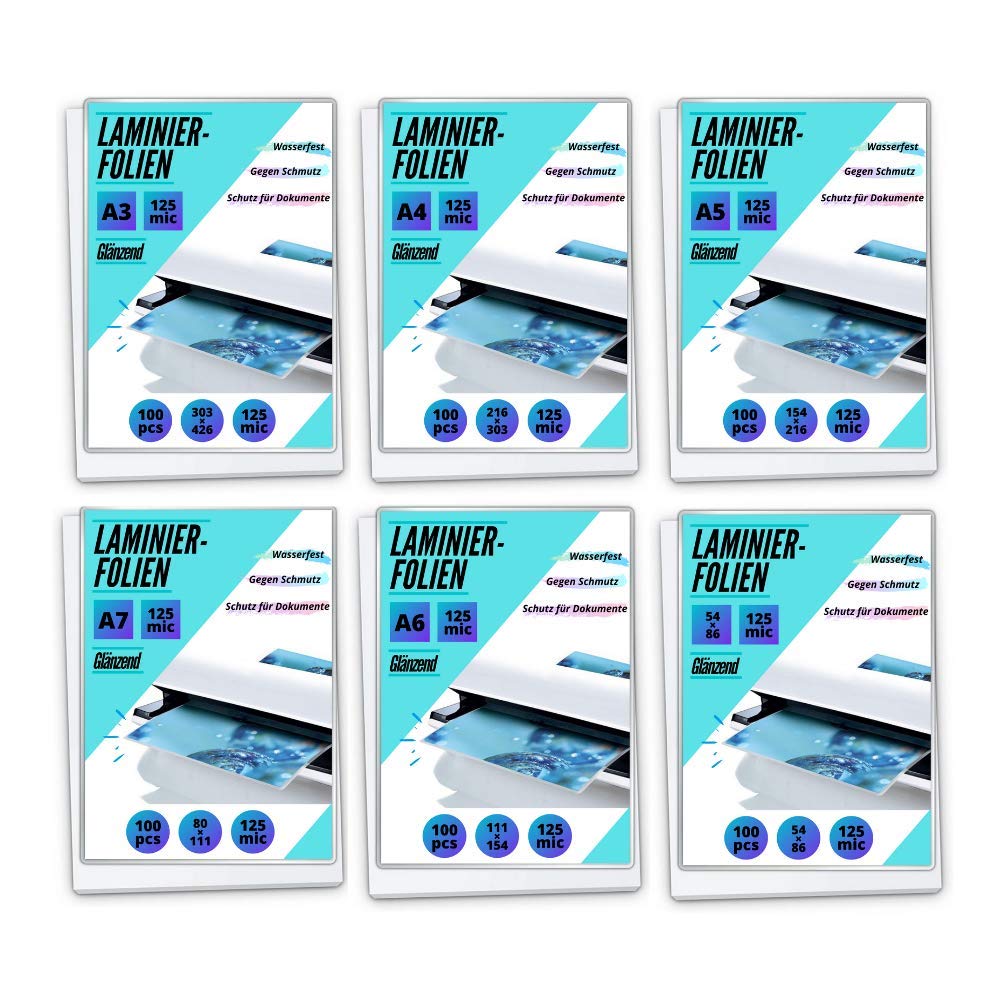 MK PREMIUM Laminierfolien-Set 6x100 Stück - A3/A4/A5/A6/A7/54x86 mm - Laminierfolien Starterset… (2 x 125 Mic = 250 Micron)