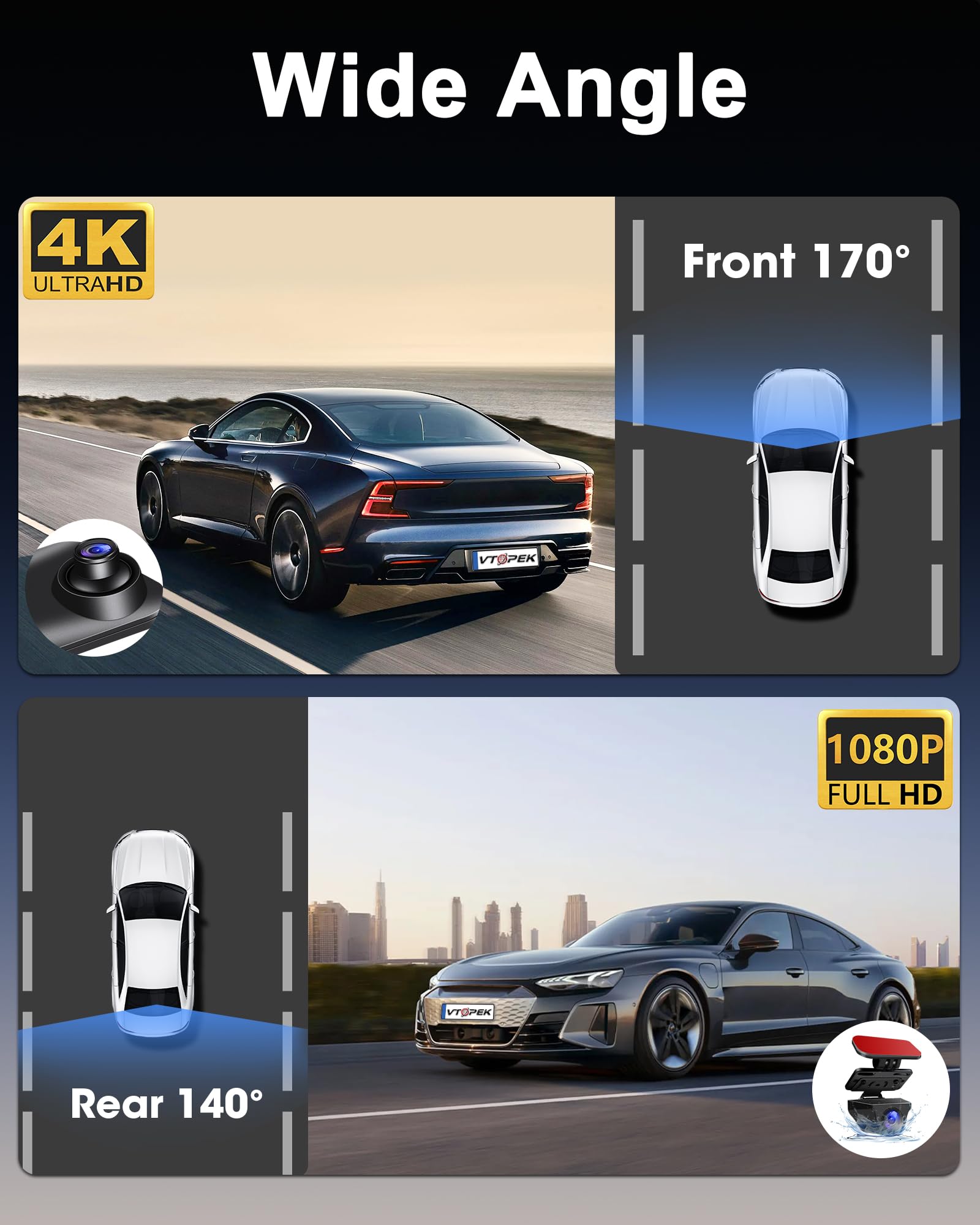 Vtopek 4K Dash Cam Voiture 12" Miroir Dashcam avec caméra de recul 1080P Rétroviseur Caméra de Voiture avec WiFi Carte 64 Go Écran Tactile Dash Cam Rétroviseur avec Enregistrement en Boucle G-Sensor