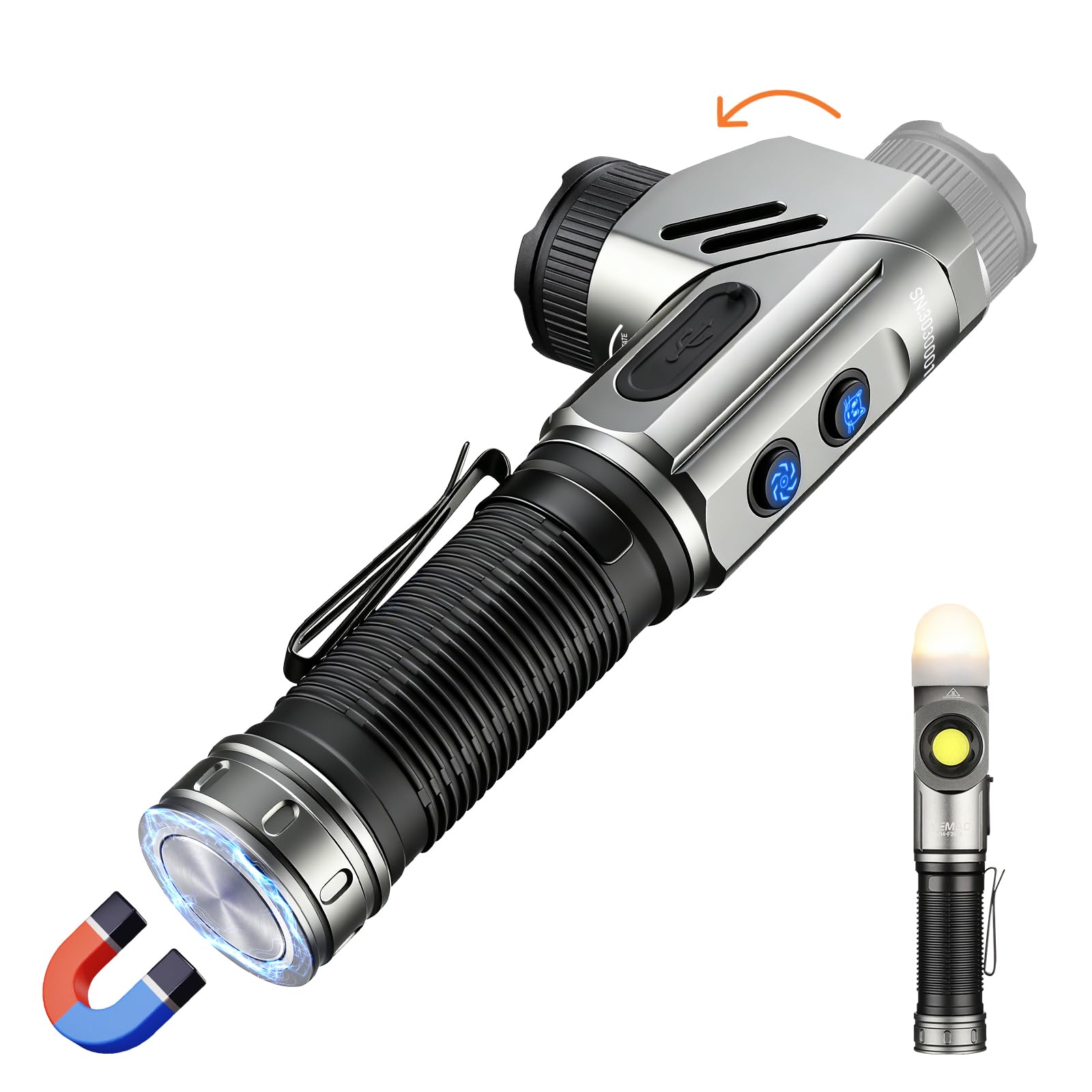 Yemao Rechargeable Magnetic Flashlight, 90 Degree Rotating Head