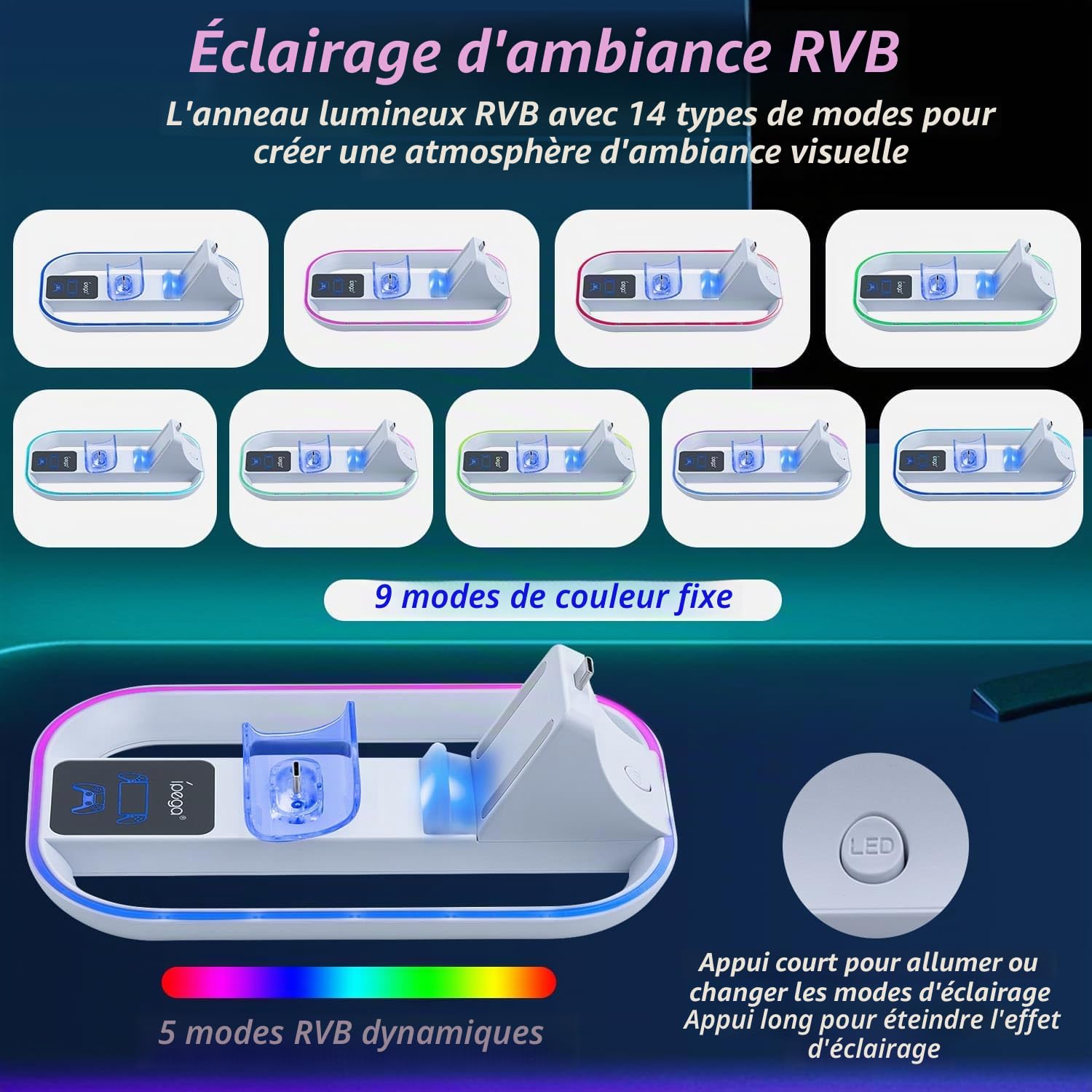 Mcbazel RGB Station de Chargement pour PS Portal Remote Player, Support de Charge Vertical Chargeur Manette, 14 Effets Lumières RGB pour PS Portal Remote Player/PS5 Controller