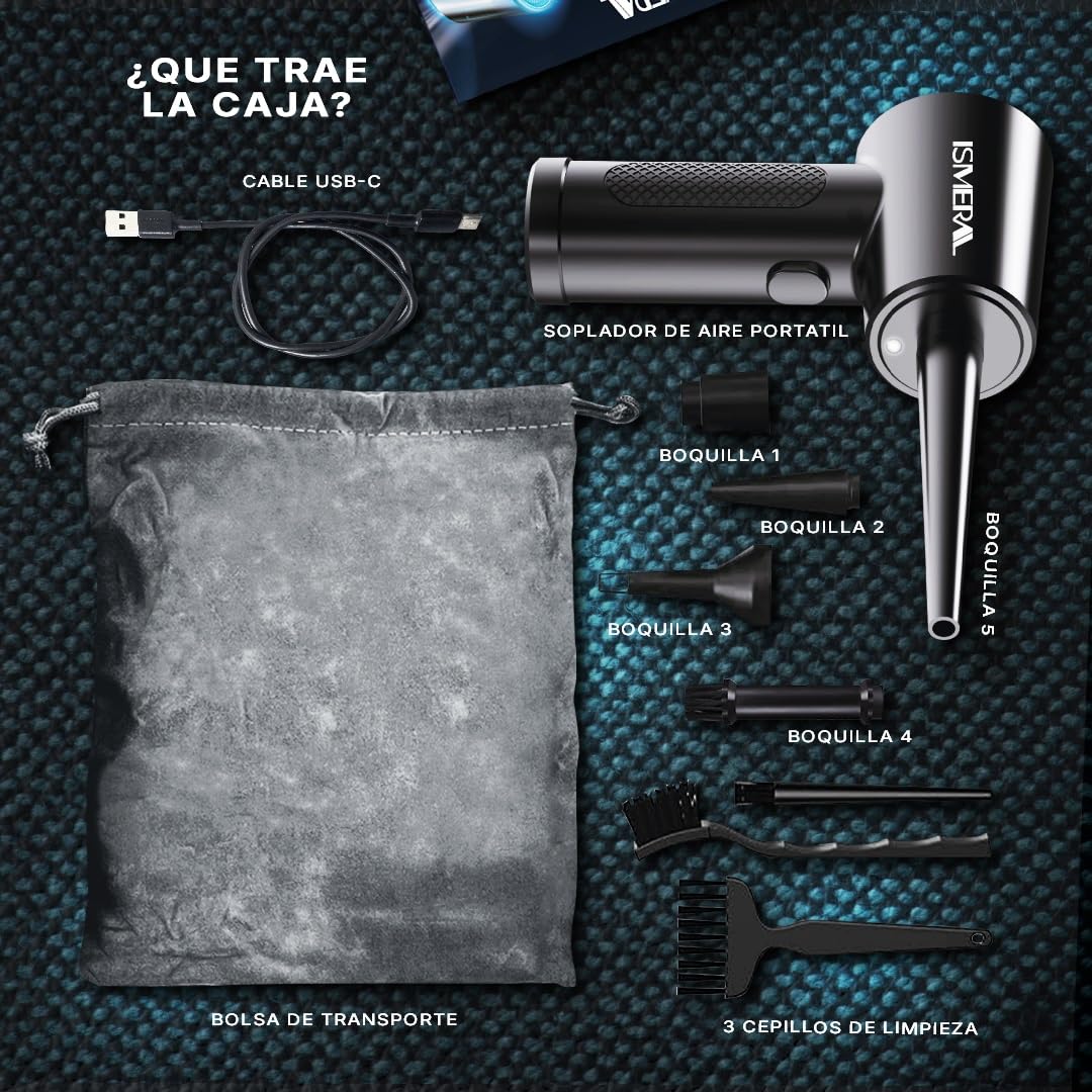 SÚPER Soplador de Aire Potente ISMERAL® + Accesorios | Bateria 6000mAh | soplador electrico de 100000RPM | Aire Comprimido Limpieza pc | Soplador Aire | Pistola aire comprimido y limpiador pc