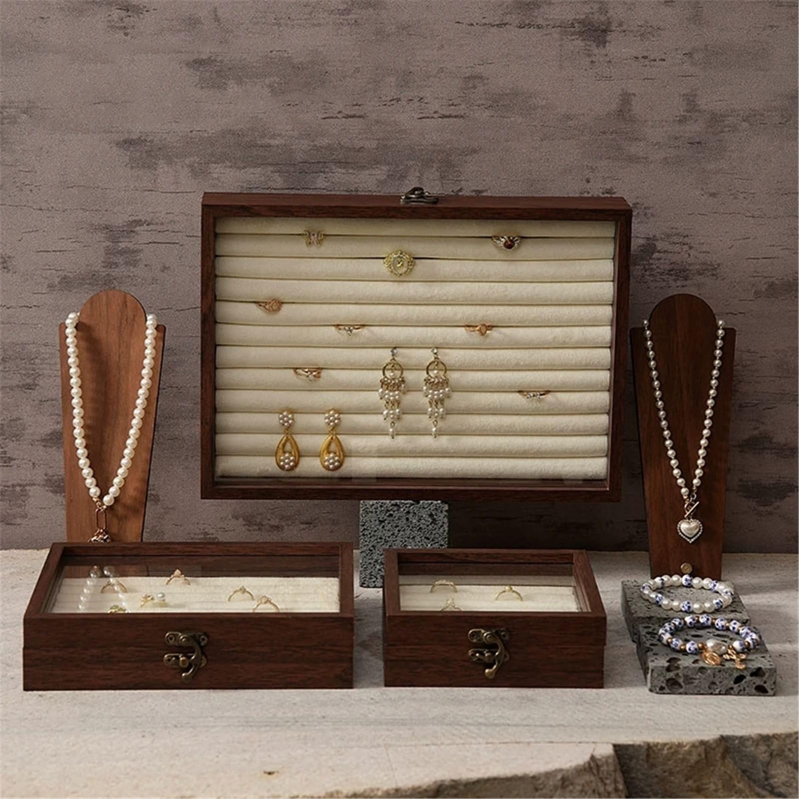 Stand di gioielli 8 Pcs Wooden Travertine Stone Jewelry Display Stand Set