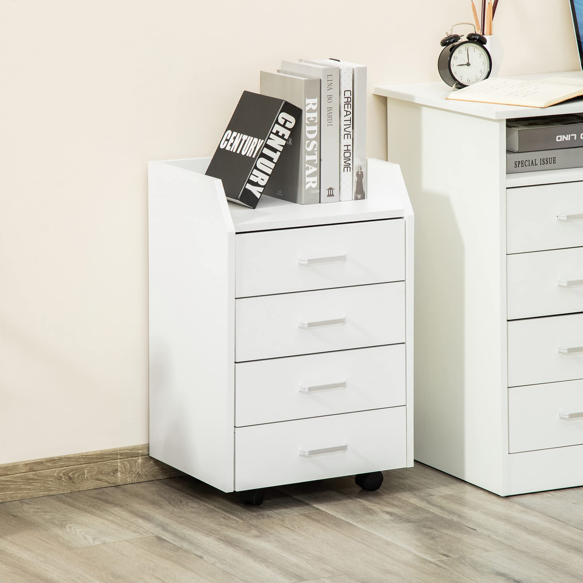 Vinsetto Caisson de bureau rangement sur roulettes 4 tiroirs coulissants MDF et panneaux de particules dim. 40L x 36l x 65H cm blanc