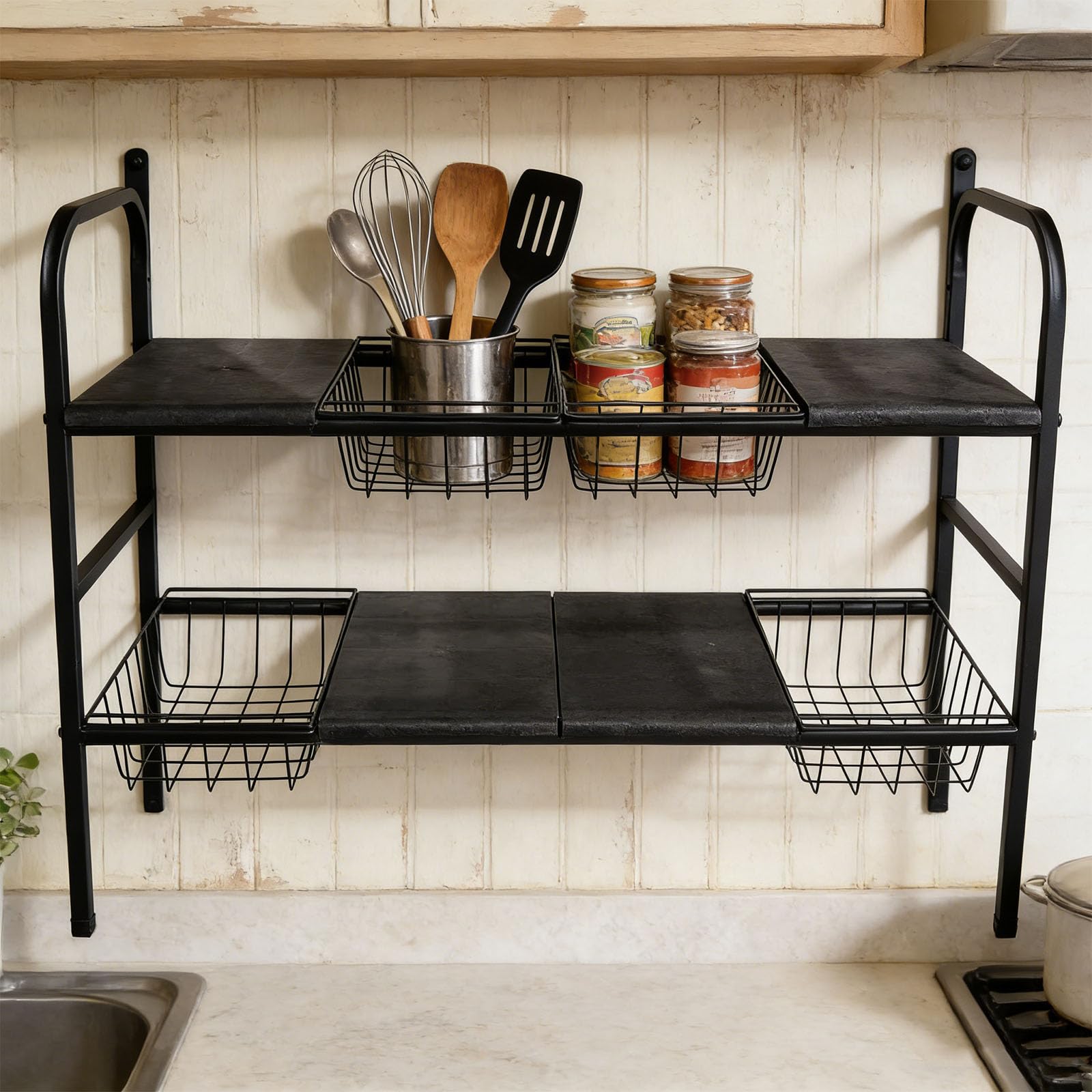 Estante de almacenamiento de cocina con 2 capas, 3 tablas y 3 cestas para organizar ollas, sartenes y utensilios, estante de almacenamiento que ahorra espacio