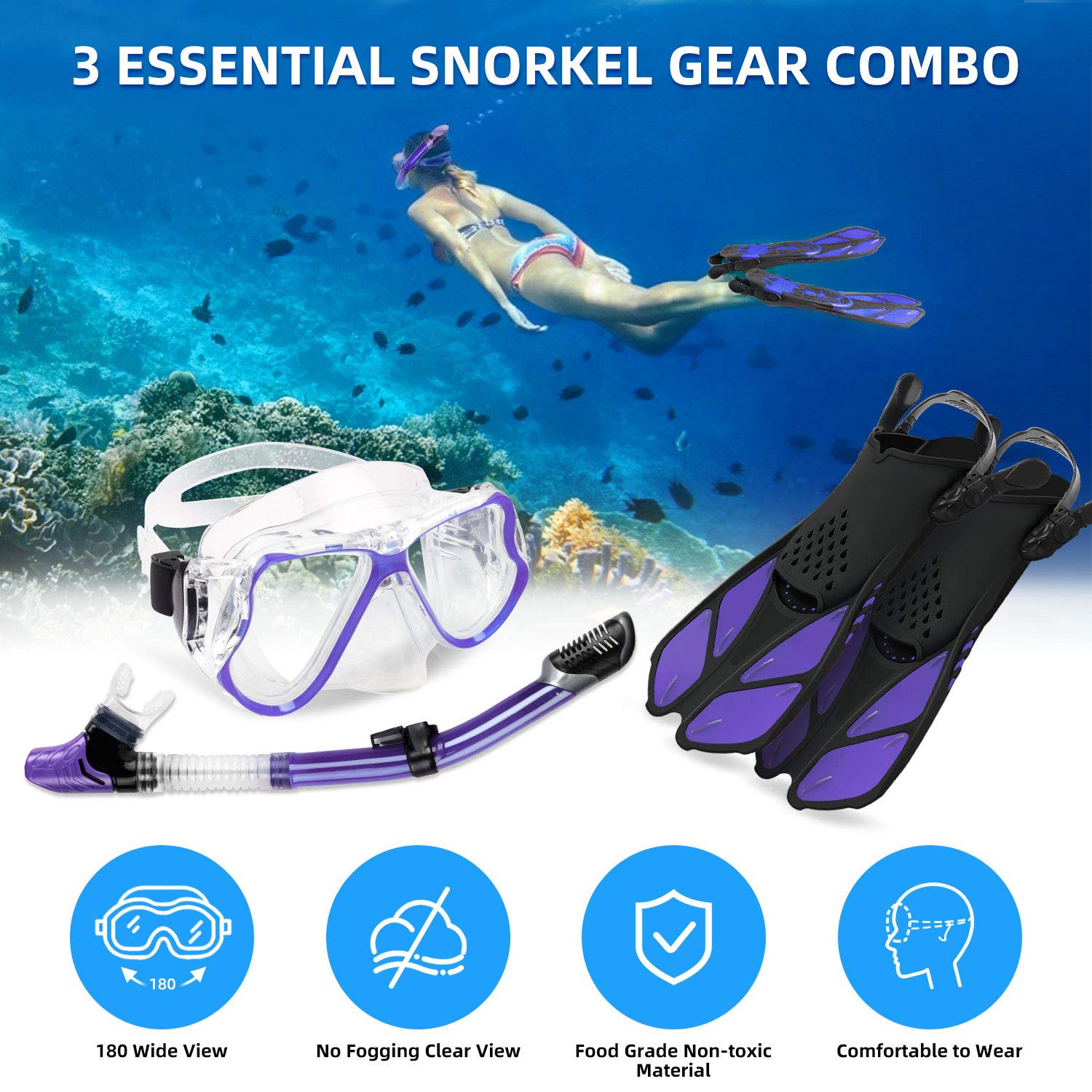 Snorkeling Gear for Adults with Fins, Zenoplige Snorkel Mask Flippers Set Anti-Fog Swim Goggles Panoramic View Anti-Leak Dry Top Snorkel, Dive Fins Kit with Travel Bag for Scuba Diving Swimming