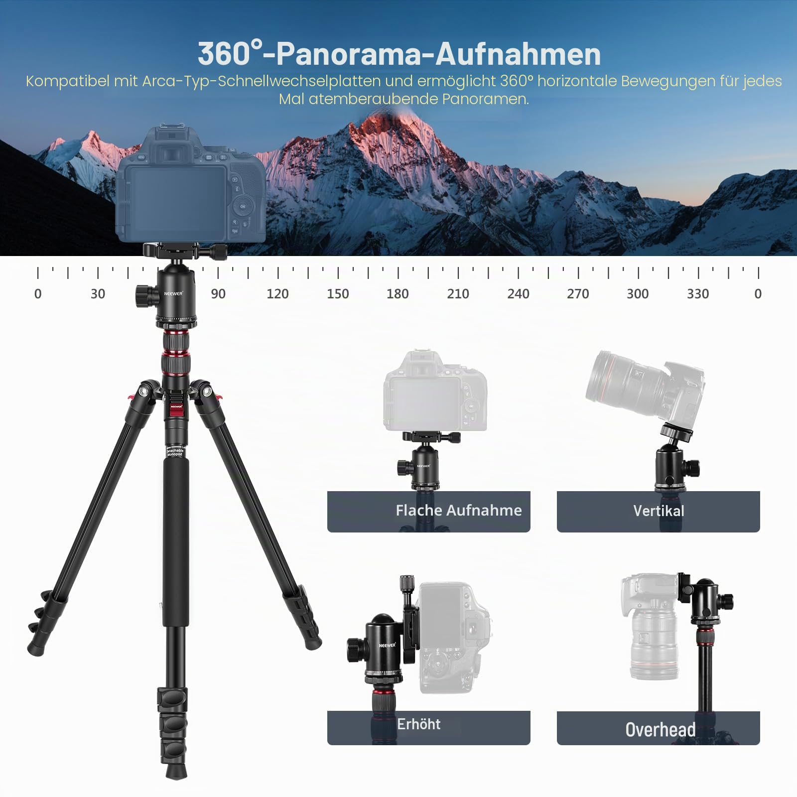 NEEWER 195,6cm Kamera Stativ Einbeinstativ mit Handyhalter, 360° Kugelkopf, Aluminium DSLR Tripod, Max 15,4kg, TP77