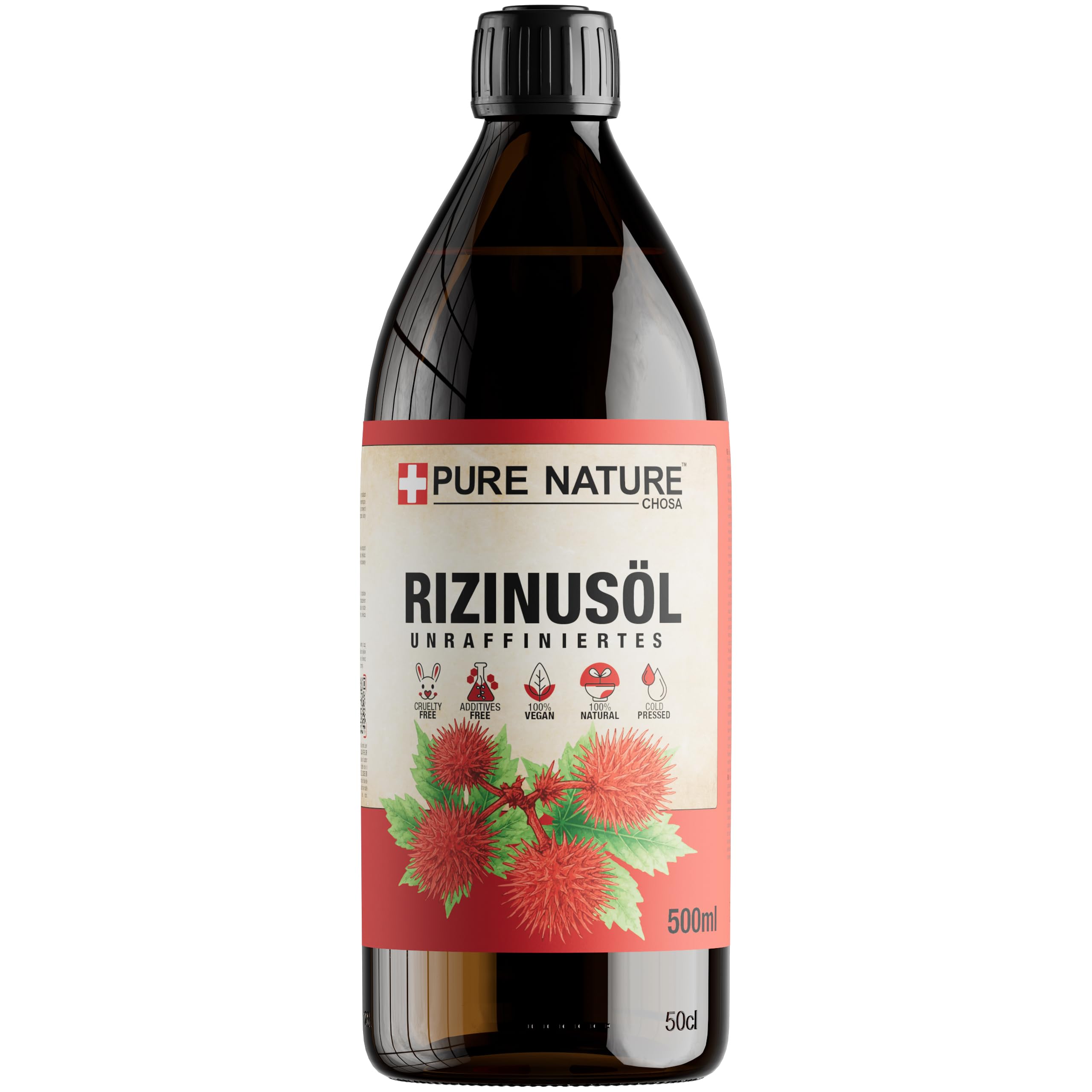 CHOSA Bio Rizinusöl Kaltgepresst Unraffiniert 100% Reines 500 ml - Rizinus Öl Haare, Haut, Bart, Wimpern - Vegan Massageöl & Haaröl für Pflege & DIY Kosmetik - Castor Oil 500ml Flasche