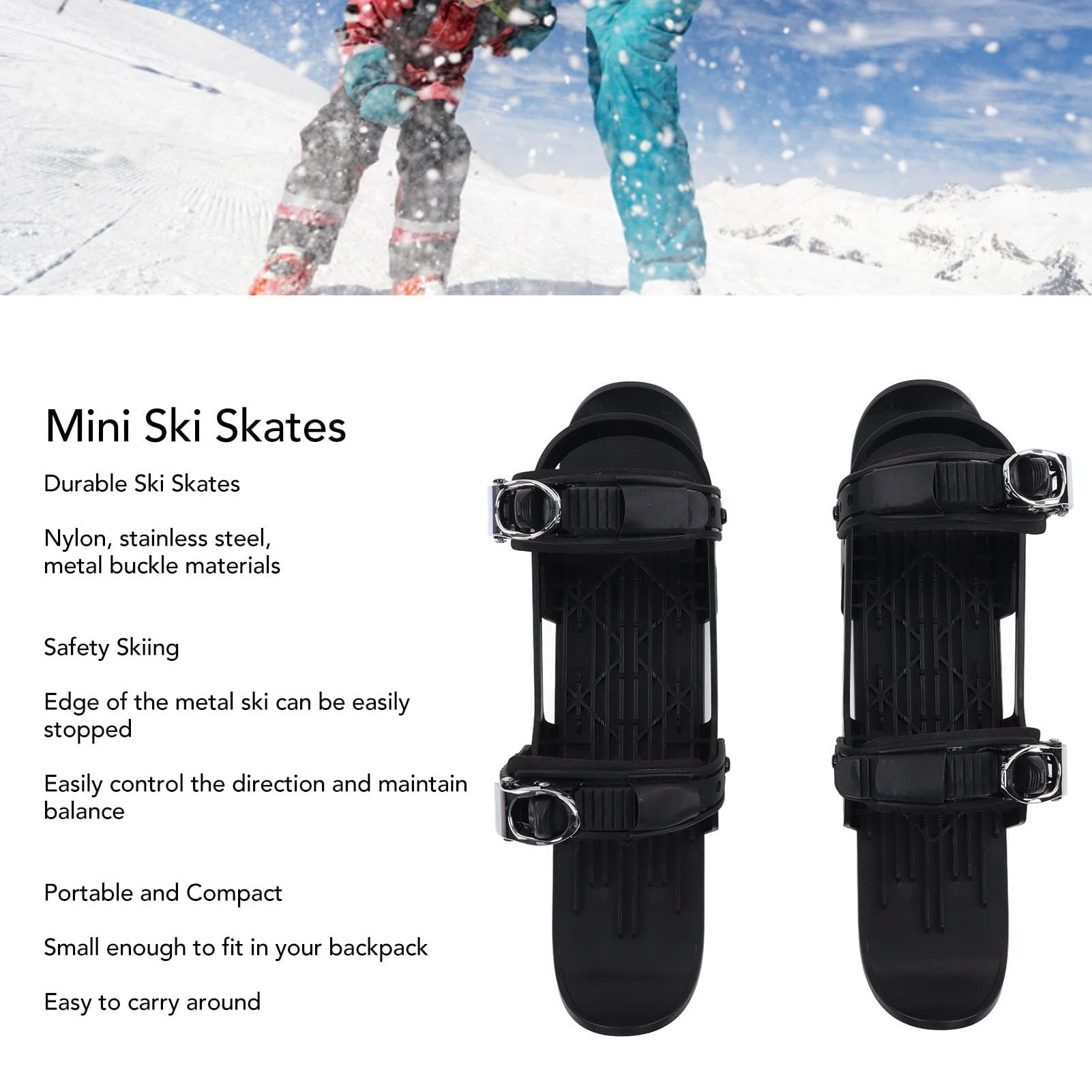 Mini-Ski-Skates, Mini-Ski-Schuhe, verstellbare Skiboards, zur Befestigung an Skischuhen, Snowskates, Snowblades, Skiboards für Abfahrtspisten, Wintersport (Schwarz)