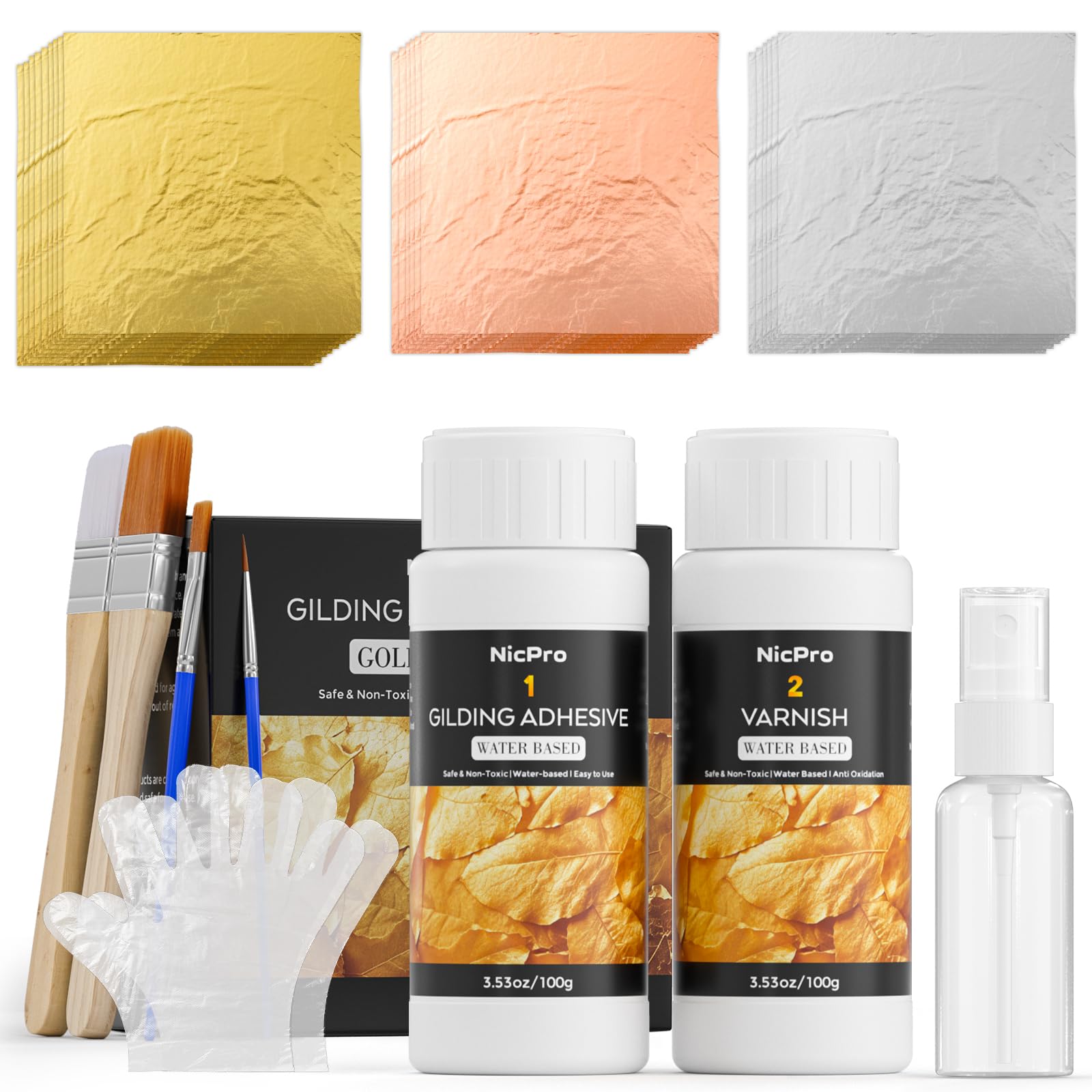 Nicpro Gold Leaf Gilding Adhesive Set, 100ml Water-Based Glue and Varnish