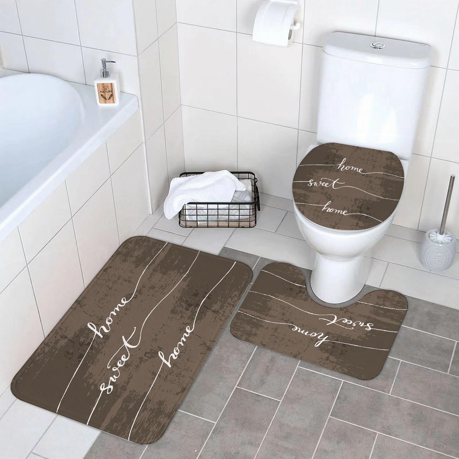 Set di 3 tappetini da Bagno, Lavabili in Lavatrice e Antiscivolo, in Morbida Fibra Superfine, con Scritta Sweet Home.