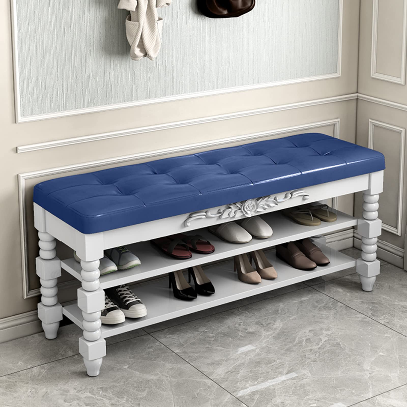 Banc de rangement à chaussures en bois massif bleu 80 x 30 x 48 cm