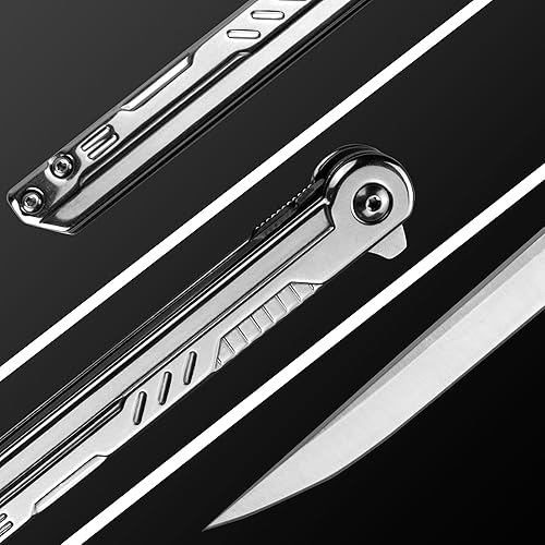 Miniatura 5 de Carimee Cuchillo plegable de bolsillo, con hoja de acero 5Cr15Mov de 3.8 pulgadas, mango de acero inoxidable, cuchillo delgado EDC para caballeros