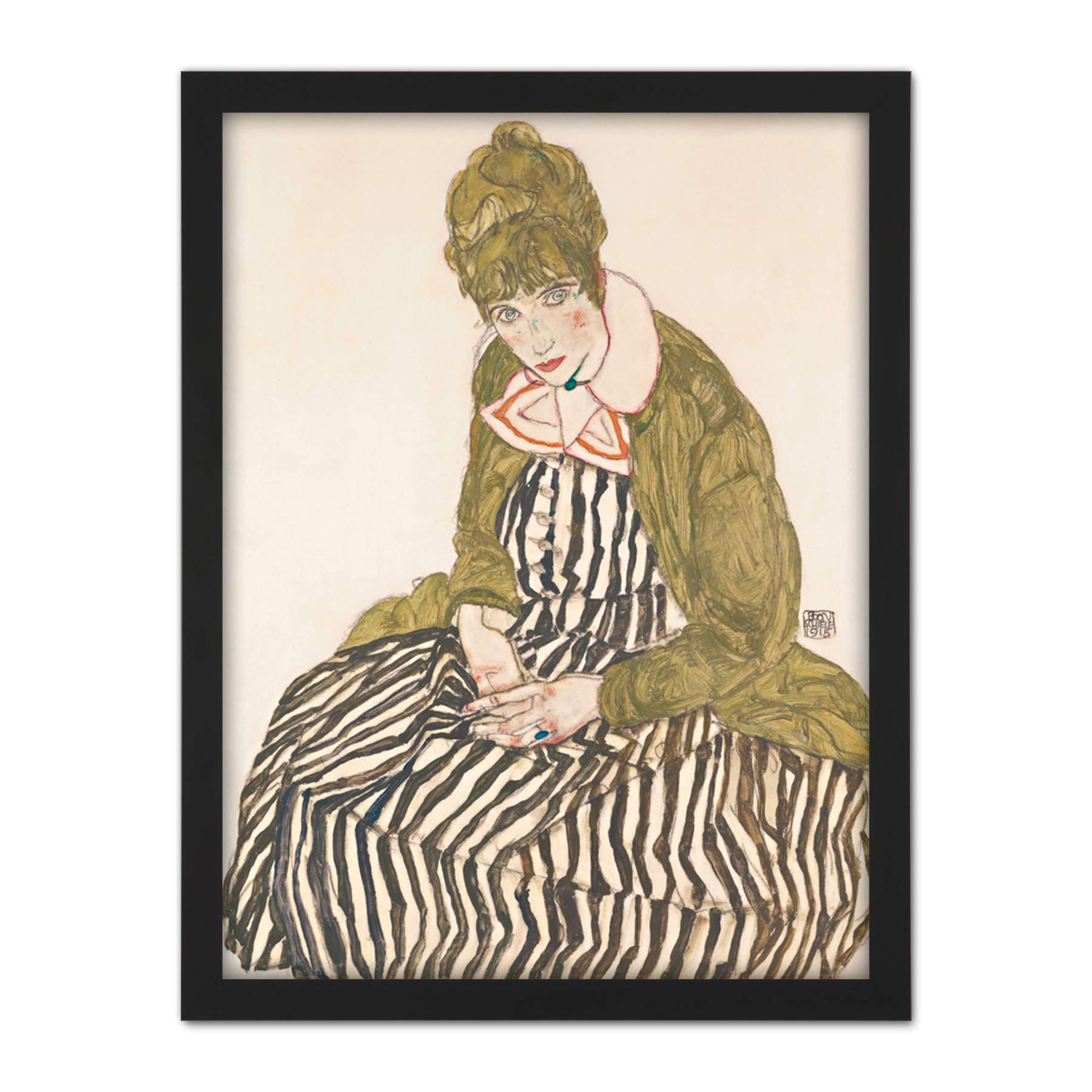Egon Schiele Edith With Striped Dress Sitting Large Framed Art Print Poster Wall Decor 18x24