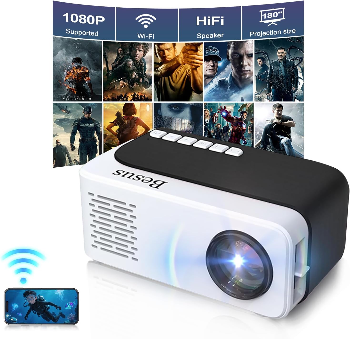 Mini Projector, HD 1080P WiFi Video Projector, Portable Outdoor Projector with Tripod, Gift for Kids, Home Theater Movie Phone Projector Compatible with USB, AV, Smartphone/Tablet/Laptop (black)