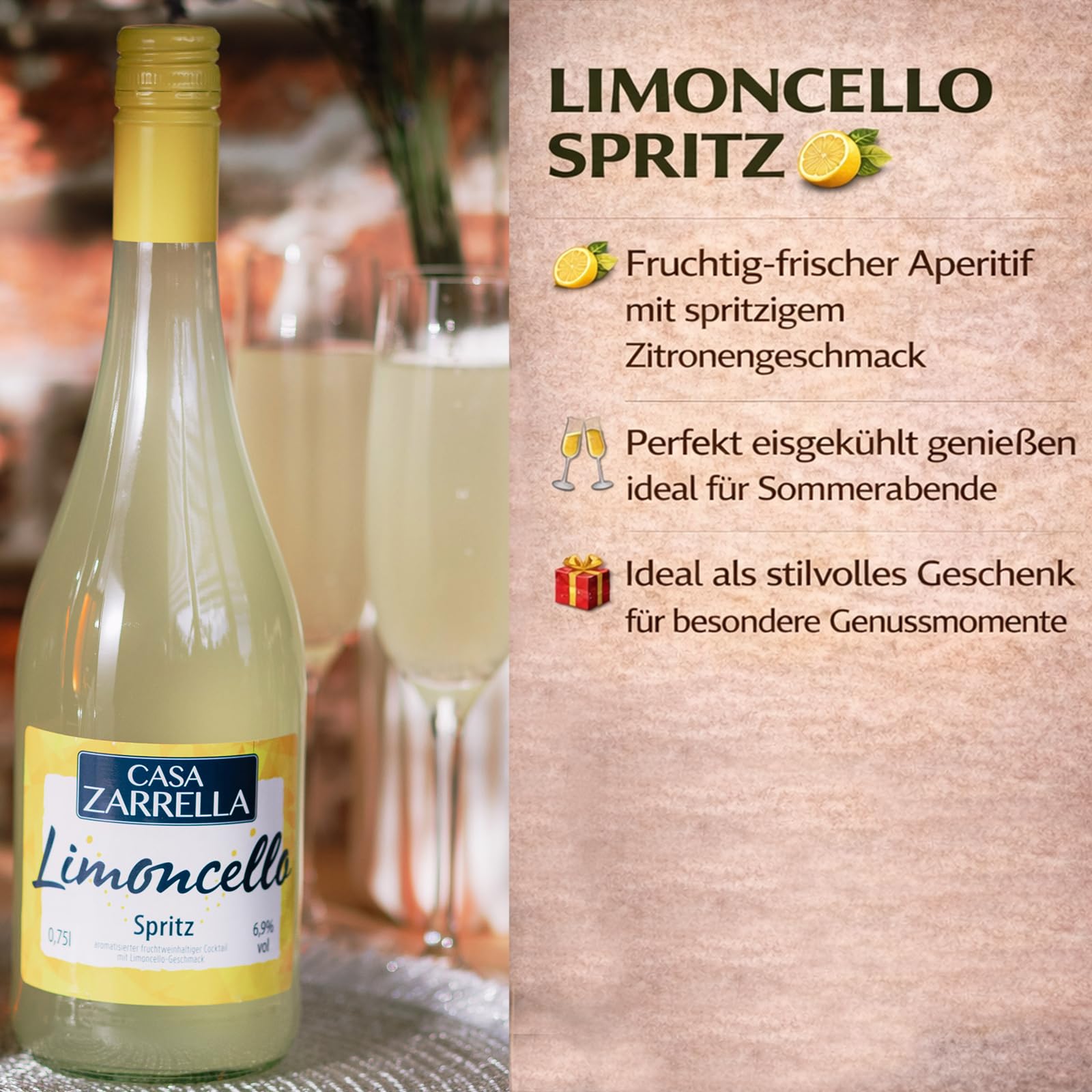 Casa Zarrella Romantik-Box für Genießer mit Alkohol – Romantische Antipasti Geschenkbox mit 6 italienischen Spezialitäten & 2 Aperitif-Drinks