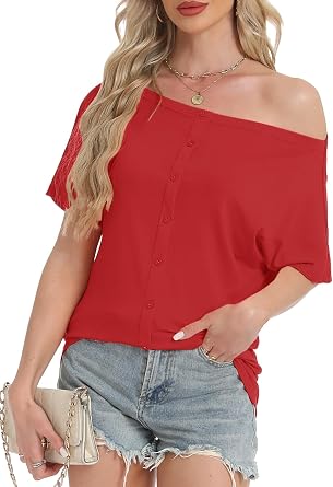 Eniloyal Womens Off Shoulder Button Down Tops Summer Trendy Short Sleeve Loose Batwing Shirts Oversized Blouse Tunic