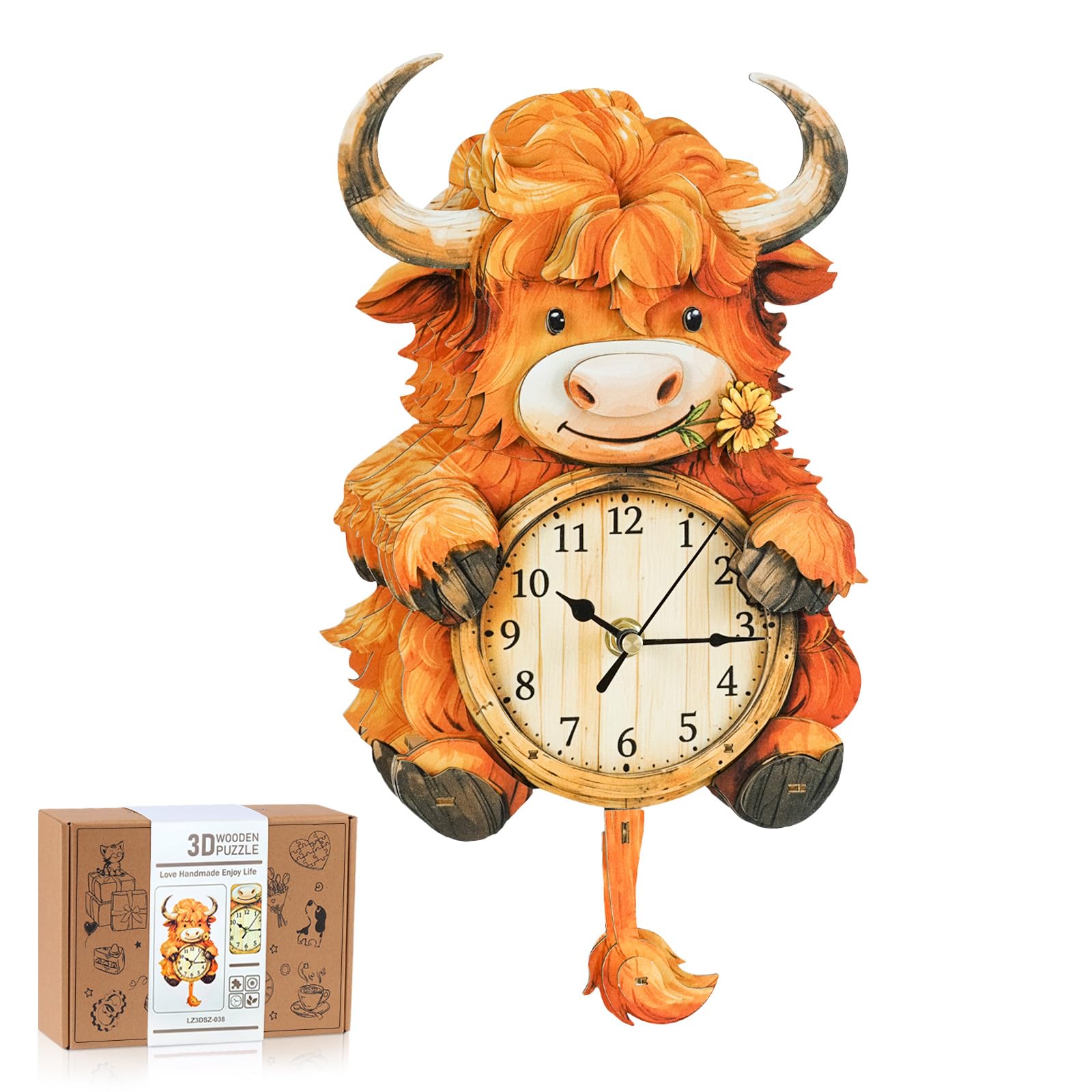 3D Puzzles for Adults-Wooden Highland Cow Clock Puzzle DIY Clock Model Kit