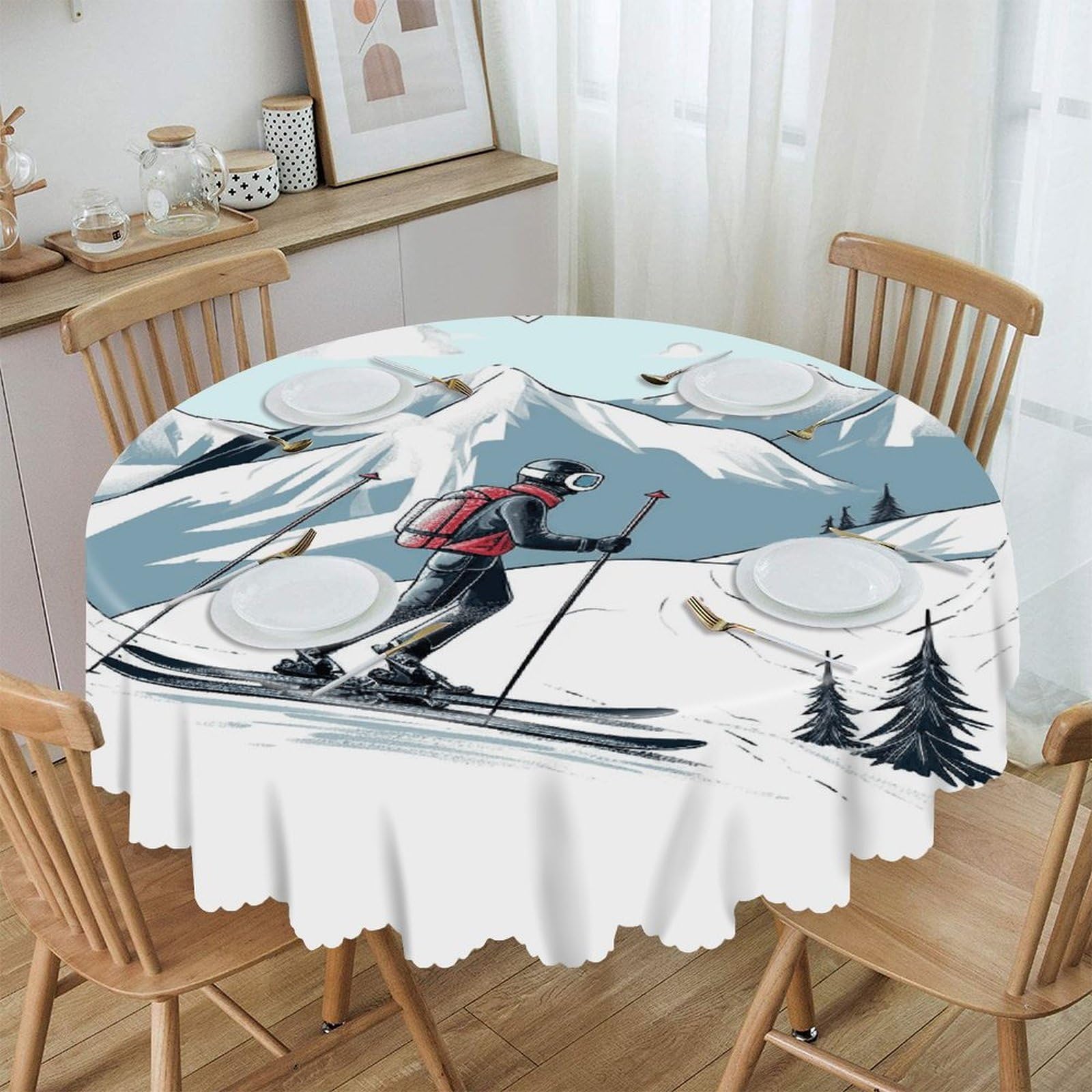 FekiLoot Skiing Theme Round Tablecloths 60 Inch Resistant Washable Polyester Table Cloth Style Decorative Circle Fabric Table Cover for Dining Kitchen Party Farmhouse Outdoor