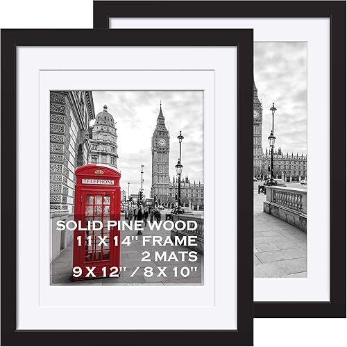11x14 Picture Frames Black Solid Wood - Matted to Display Pictures 9x12 or 8x10 or 11x14 Frame without Mat - Wooden Photo Frame 11x14 inch Black with 2 Mats for Wall Mounting or Table Top , 2 Set