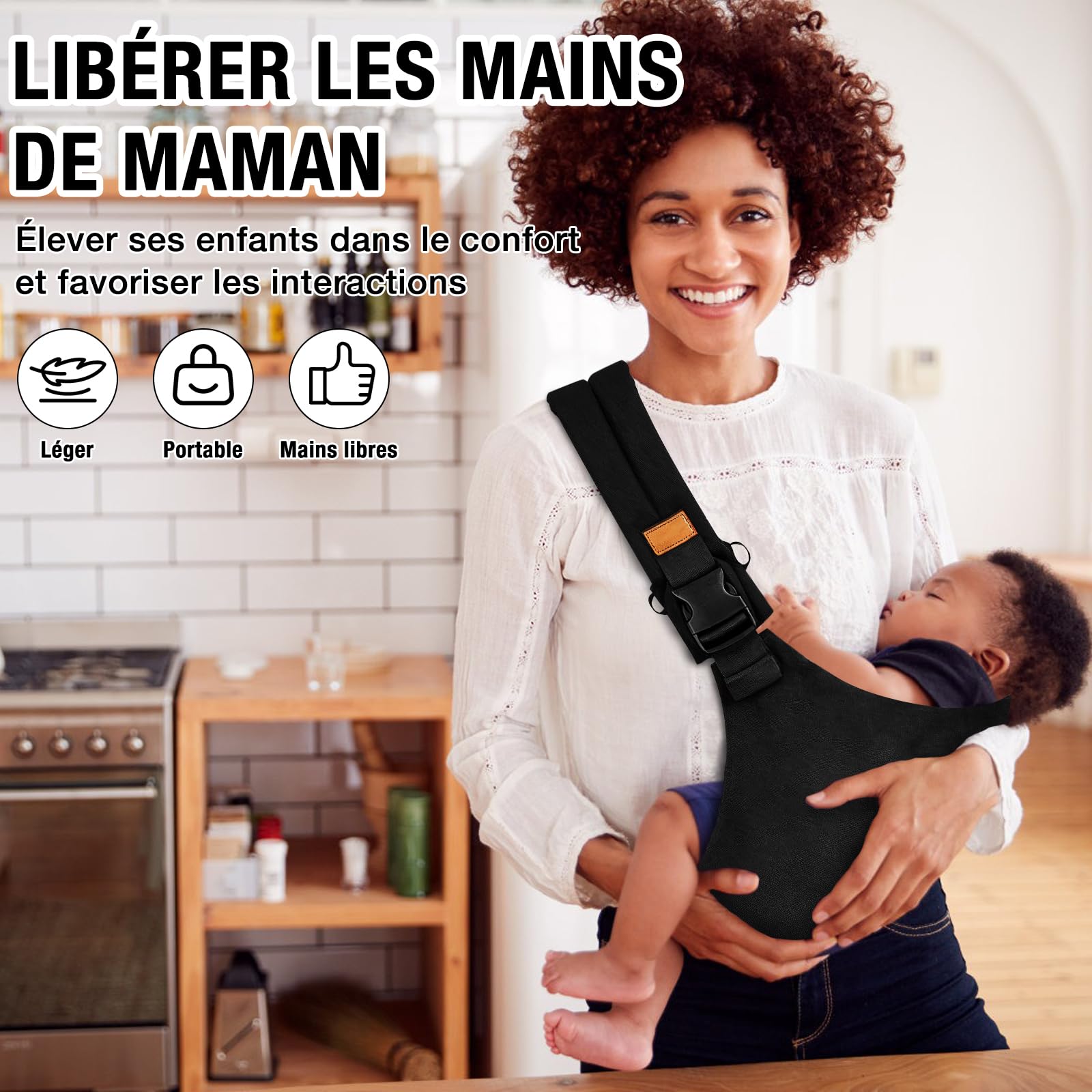 Écharpe de Portage Réglable Porte Bébé Hanche Respirant pour Nouveau-Nés et Tout-Petits jusqu'à 15 kg Noir