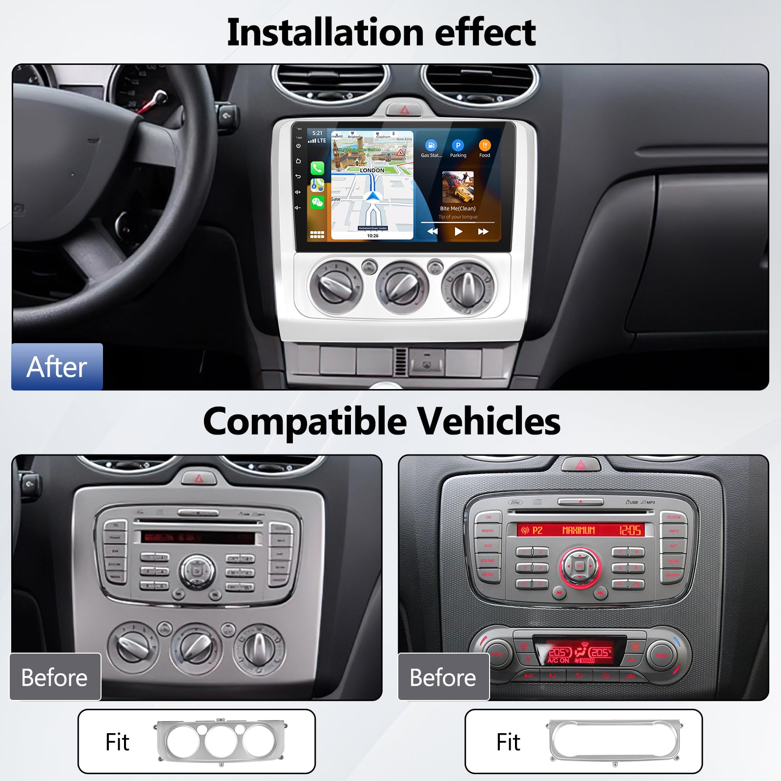 Android 13 2 Din Autoradio für Ford Focus Mk2/Mk3 2004-2011 mit Carplay Android Auto, 9 Zoll HD Touchscreen Radio Player mit Bluetooth WiFi GPS FM EQ Mirror Link