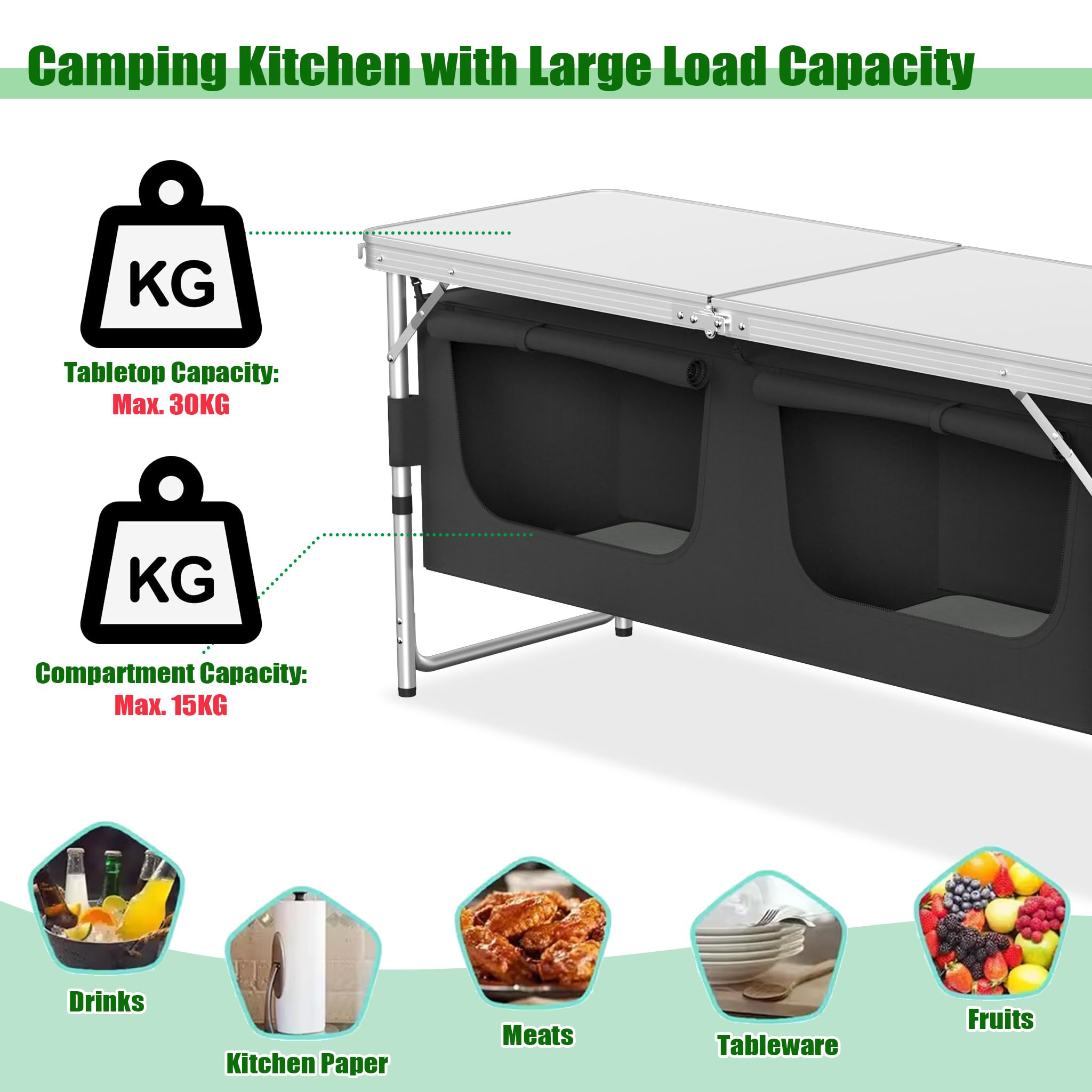 Campingschränke Outdoor Faltbare Campingküche aus Aluminiumgestell, Waschbare Oxford-Stoff & 5mm Dicke MDF Platten Mobiler Zeltschrank Küchenbox mit Tragtasche für Reise Strand Camping