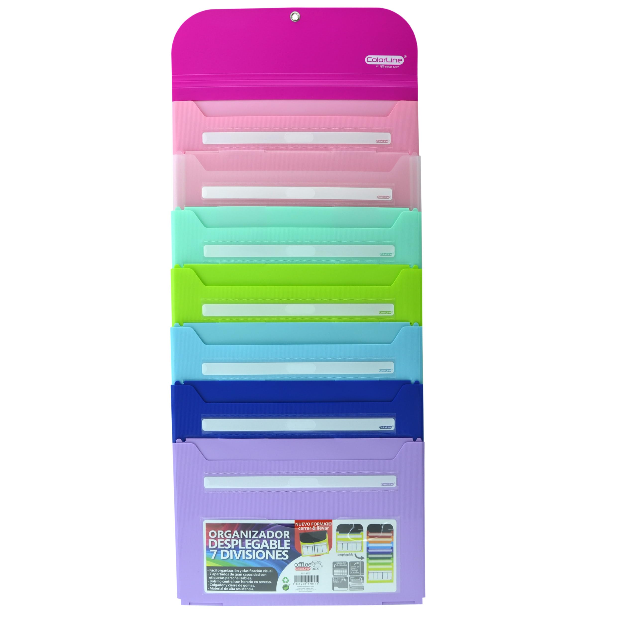 Office Box - Pack Vuelta al Cole: Carpeta de gomas desplegable con 7 departamentos y Colgador metálico, Tarjeta Horario Frontal y Gran Capacidad + Carpeta 4 Anillas 40 mm by Colorline (Fucsia)