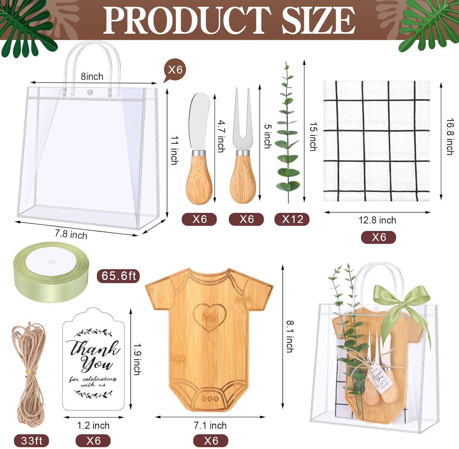 50 PCS Baby Shower Prizes for Game Winner 6 Sets Guest Gift Bamboo Charcuterie Cheese Board Thank You Tag Butter Spreaders Fork Plaid Towel with Gifts Bags for Baby Shower Wedding Bridal Gift Supplies