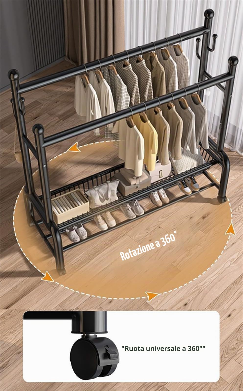 Stand Appendiabiti da Terra in Metallo Appendiabiti su Ruote, Appendiabiti in Acciaio al Carbonio con Scaffale di Stoccaggio A 2 Strati E 2 Binari per Vestiti