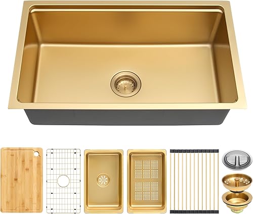 MILOSEN Fregadero de estación de trabajo de acero inoxidable, fregadero de cocina de montaje inferior dorado, fregaderos de cocina de un solo tazón,
