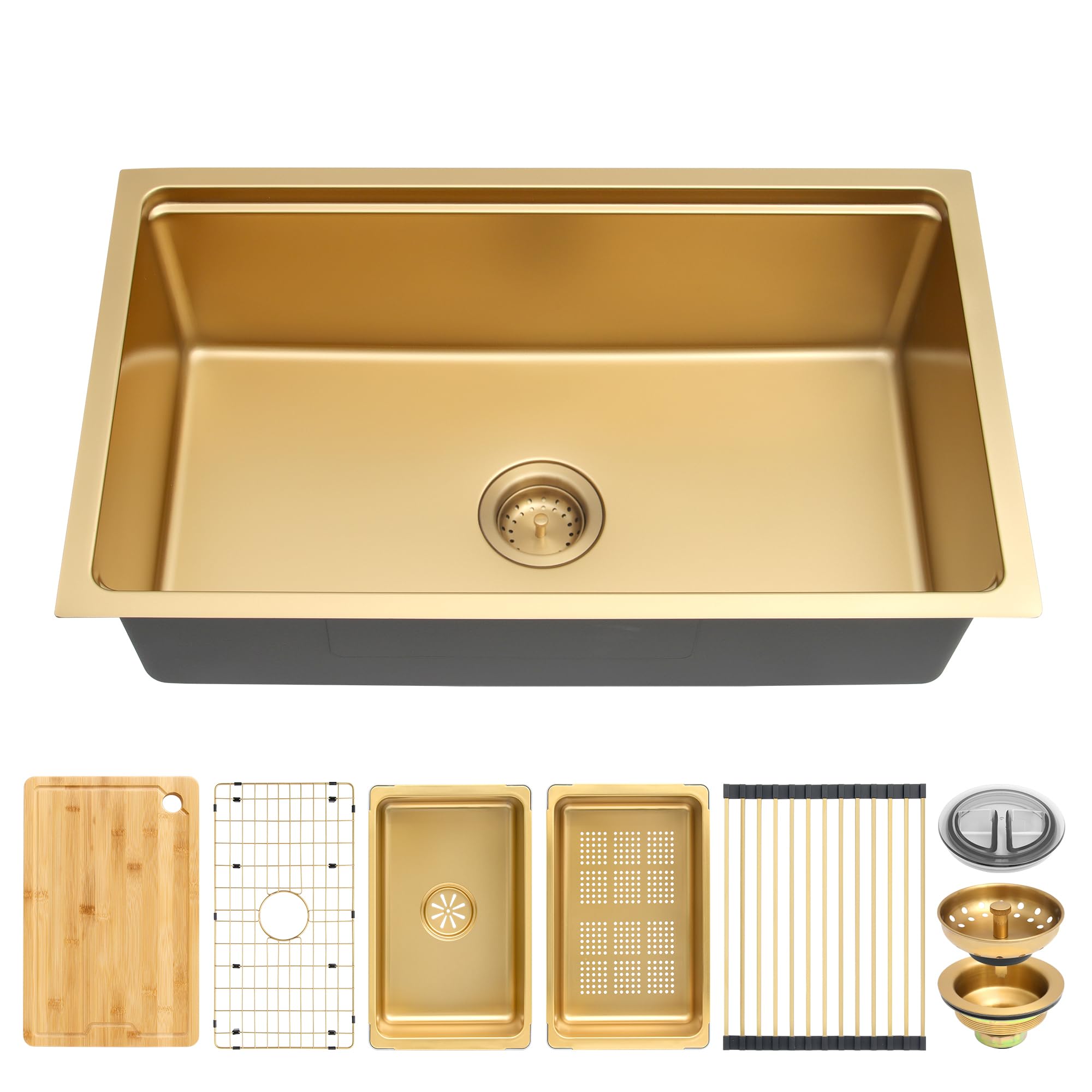 MILOSEN Stainless Steel Workstation Sink, Gold Undermount Kitchen Sink, Single Bowl Kitchen Sinks, 30×18×9 inch