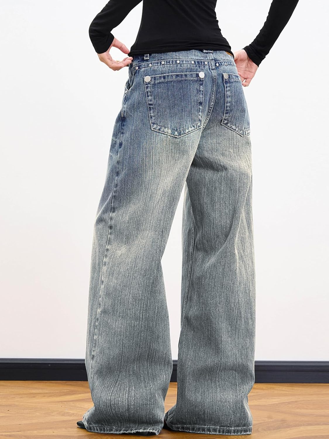 EMMIOL 2026 Women’s Mid High Waisted Wide Leg Jeans Rivet Y2K Baggy Jeans Trendy Loose Straight Denim Pants with Pockets - Image 4