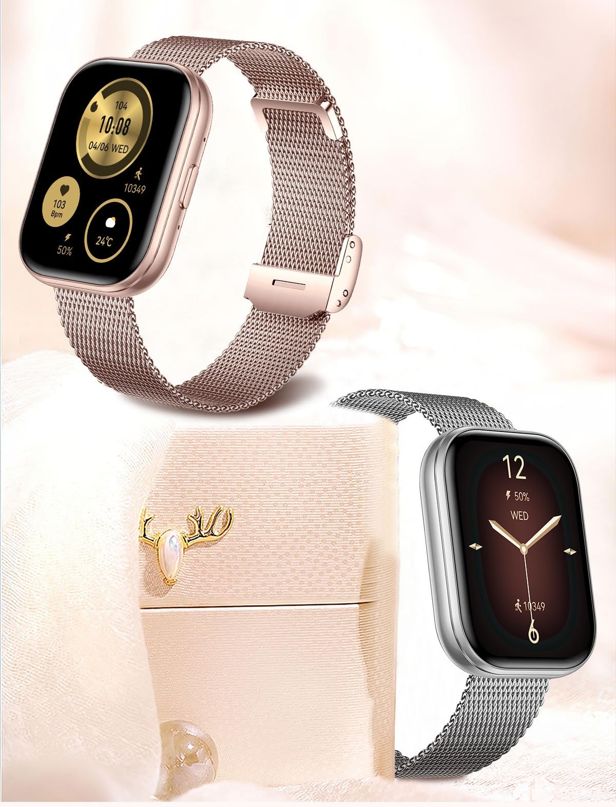 Smartwatch damski IW5 Lilac, wyświetlacz TFT 1,75", rozdzielczość 249 x 296, Smart Watch kompatybilny z systemem Android, Fitness Tracker, funkcje zdrowotne – fioletowy + złota bransoletka z