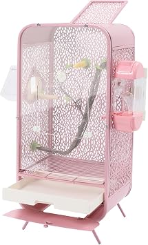 30In Wrought Iron Bird Cage with Clear Door, Open Top Indoor Parrot Cage for Large Parakeets Cockatiels Budgies Conures, Modern Tree Design with Breeding Box, Auto Feeder, Ventilation Pink