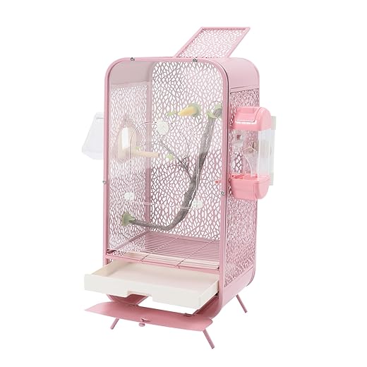 Creativity Simulated Tree Scenery Bird Cage with Automatic Feeder, Wrought Iron Open Top Indoor Breeding Box with Clear Door for Small Parrots Parakeets Cockatiels Budgies Conures Nesting (Pink)