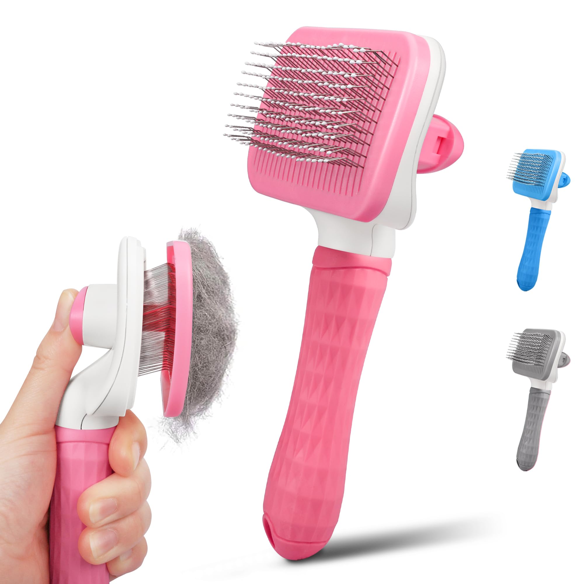 PWOD Dog & Cat Brush, Self Cleaning Slicker Brush for Pets, Upgraded Dog Brush for Shedding Massaging and Grooming, Removes Loose Undercoat & Portable Comb for Long Short Haired Dogs(Pink)